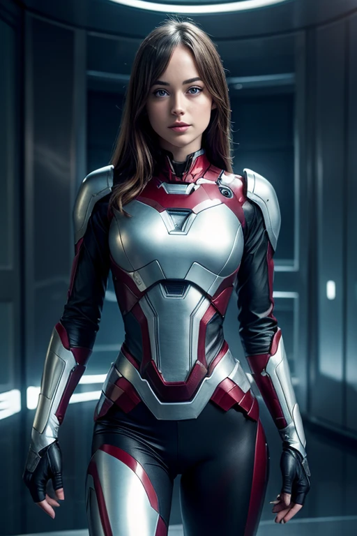 ((masterpiece, 8K, 3D, Realistic, Super Detail)), (1girl:1.3), slender 17 age, Ultra Micro photography, Super realistic, Perfect face, Beautiful features, ((Perfect female body)) Beautiful features, (petite body), ((small hips)), pale white skin, Dakota Johnson as Ironman RESCUE SUIT MARK 49, ((Exposed thigh)), Exposed Skin, Front Full body Shot, full body portrait, futuristic city background
