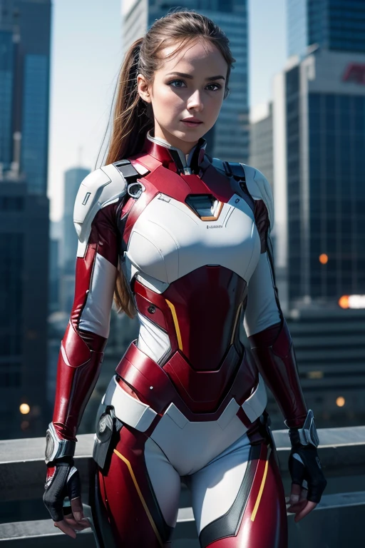 ((masterpiece, 8K, 3D, Realistic, Super Detail)), (1girl:1.3), slender 17 age, Ultra Micro photography, Super realistic, Perfect face, Beautiful features, ((Perfect female body)) Beautiful features, (petite body), ((small hips)), pale white skin, Dakota Johnson as Ironman RESCUE SUIT MARK 49, ((Exposed thigh)), Exposed Skin, Front Full body Shot, full body portrait, futuristic city background