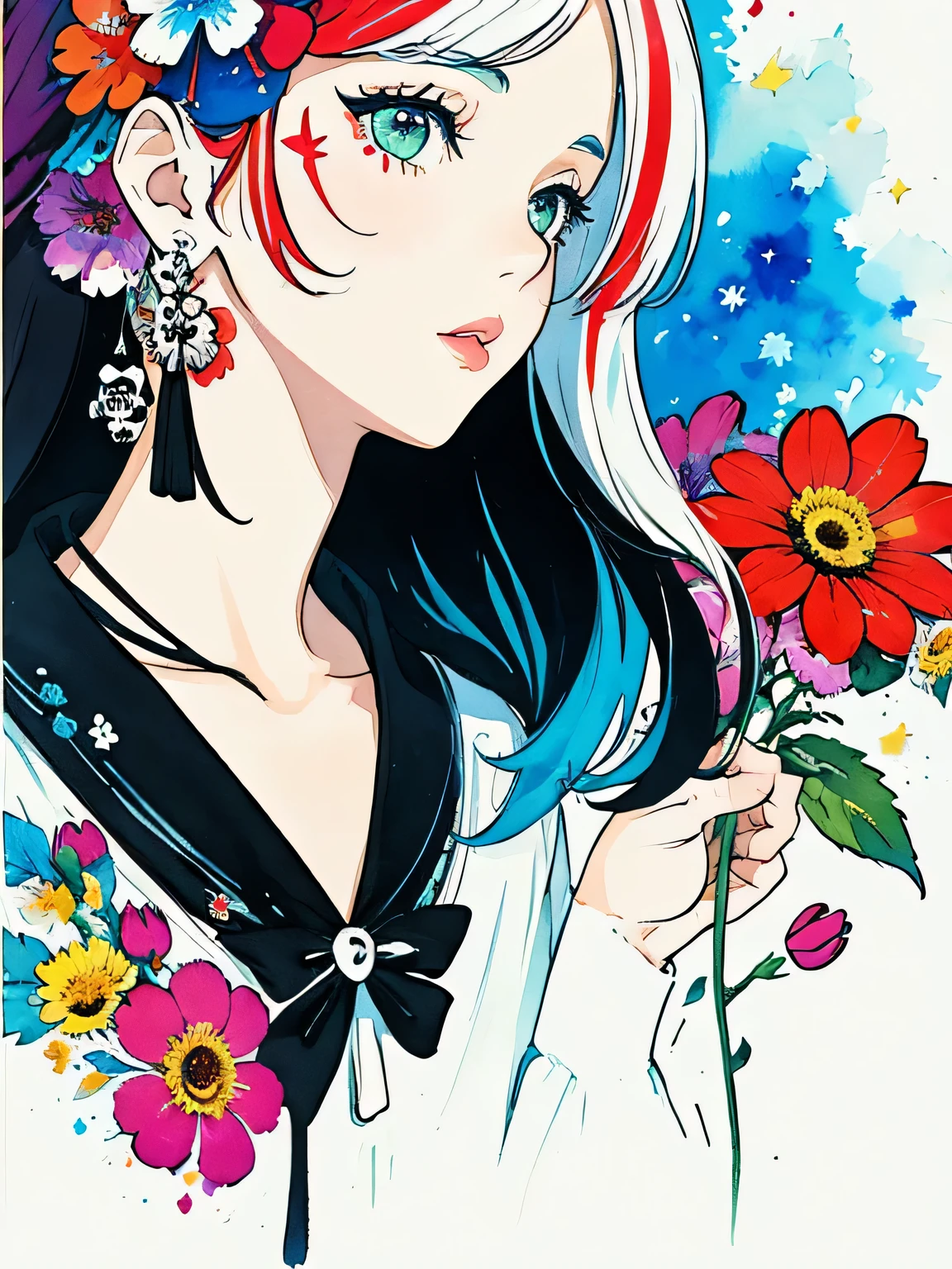 Black Star Red and White Style、(((stylish fashion))), 8K Quality、Intense watercolor, Detailed watercolor art, Watercolor splash, Surreal, avant-garde pop art, Beautiful and expressive paintings, Beautiful artwork illustration, Very colorful tones, wonderful, Cool beauty, highest quality、Official Art, Vector art, Stylish design, (((The most beautiful girl))), (((highest quality))), HDR, ((detailed)), (((Doodle Art)), ((masterpiece)), ((Super detailed)), (((Colorful flowers))),(((Stylish))), Lips in Love, Background is SKULL