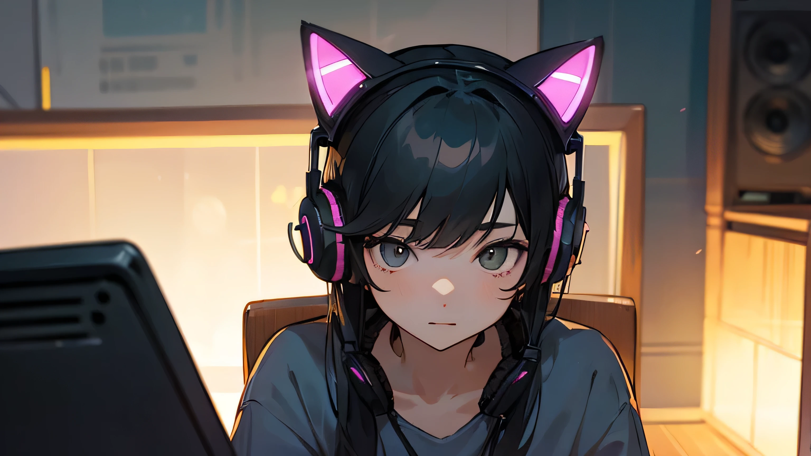 Room with speakers、Cat with headphones、Upper body close-up、night、Black Hair、Sitting in a chair