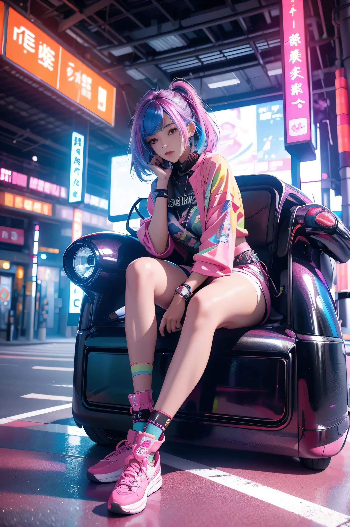 「Full body、In a futuristic cyberpunk city background、Create a portrait of a beautiful Japanese girl with colorful hair sitting on a rainbow-colored object。Her hair is neon pink、blue、Greens mixed together、It reflects light and shines brightly。Her eyes shine like the Milky Way、It looks like you&#39;re wearing futuristic contact lenses。High-tech earpieces are fitted to the ears.、She is wearing a black and yellow tank top。The tank top has a metallic texture.、Features pink and yellow accents。I&#39;m wearing the shorts from the set。In the background, skyscrapers with neon lights shine.、The city&#39;s night view spreads out。The overall atmosphere is、It expresses the futuristic and energetic worldview of cyberpunk.。」