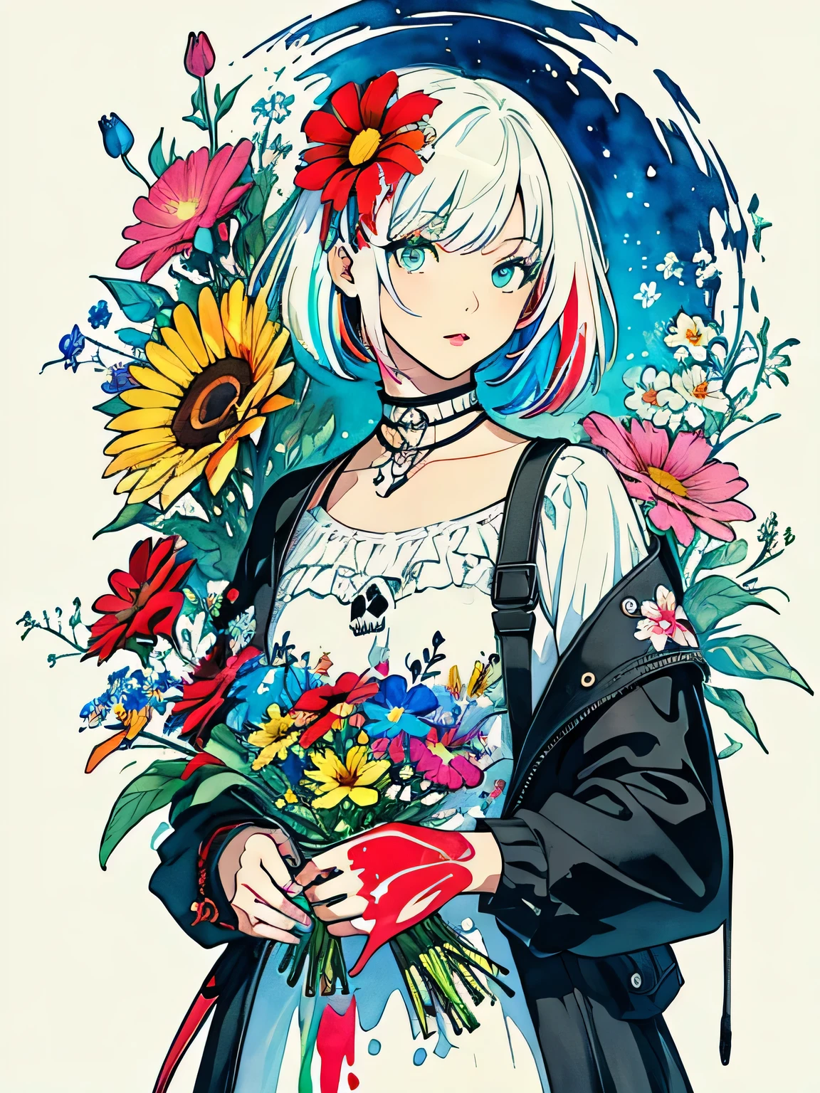 Black Star Red and White Style、(((stylish fashion))), 8K Quality、Intense watercolor, Detailed watercolor art, Watercolor splash, Surreal, avant-garde pop art, Beautiful and expressive paintings, Beautiful artwork illustration, Very colorful tones, wonderful, Cool beauty, highest quality、Official Art, Vector art, Stylish design, (((The most beautiful girl))), (((highest quality))), HDR, ((detailed)), (((Doodle Art)), ((masterpiece)), ((Super detailed)), (((Colorful flowers))),(((Stylish))), Lips in Love, Background is SKULL