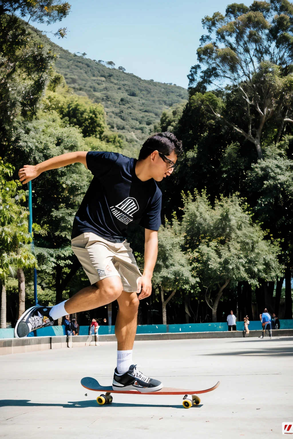 ((mejor calidad)), ((fotografia)), (detallado), 1 chico nerd, cargando un skate bajo su axila, en el parque