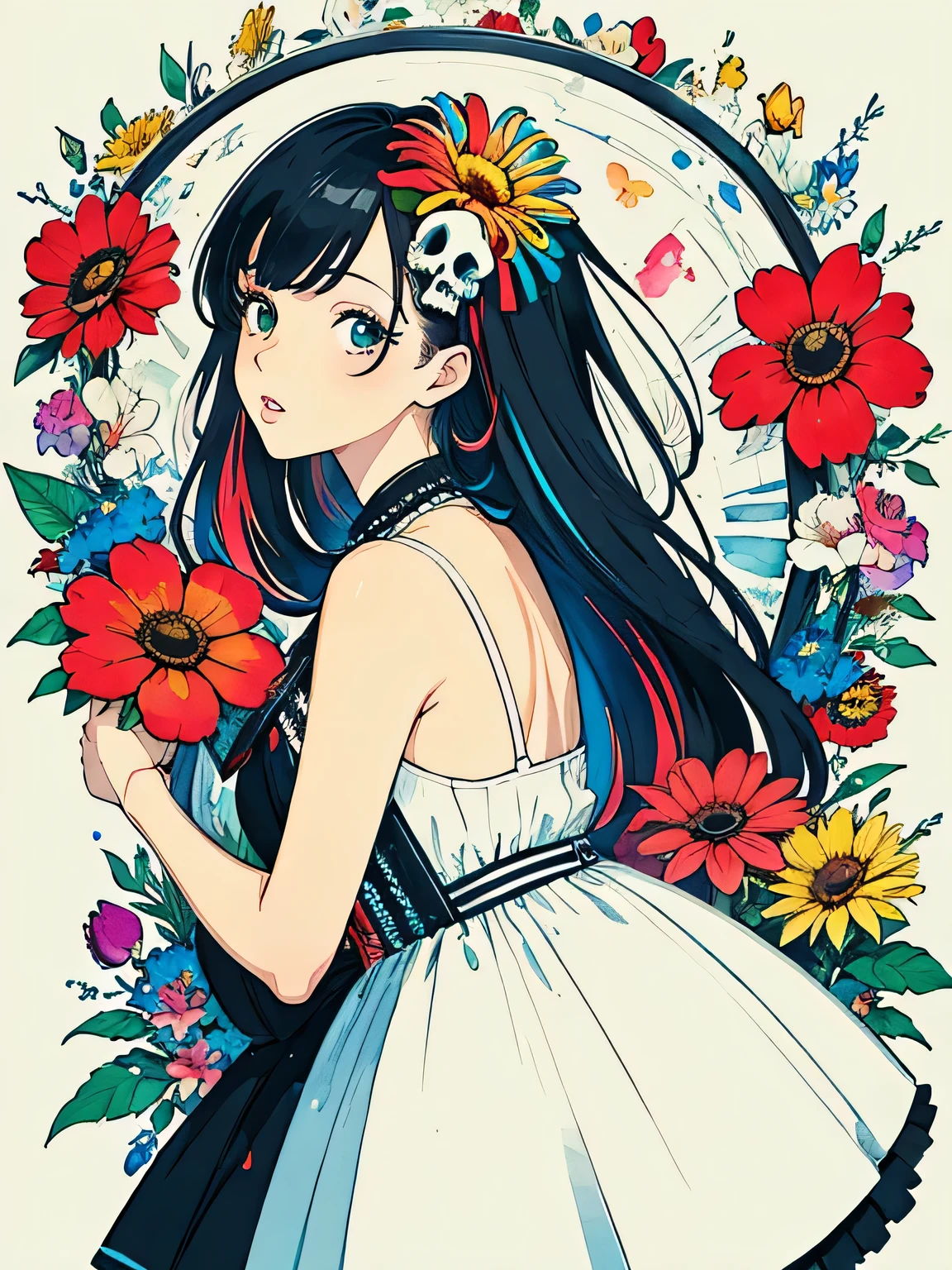 Black Star Red and White Style、(((stylish fashion))), 8K Quality、Intense watercolor, Detailed watercolor art, Watercolor splash, Surreal, avant-garde pop art, Beautiful and expressive paintings, Beautiful artwork illustration, Very colorful tones, wonderful, Cool beauty, highest quality、Official Art, Vector art, Stylish design, (((The most beautiful girl))), (((highest quality))), HDR, ((detailed)), (((Doodle Art)), ((masterpiece)), ((Super detailed)), (((Colorful flowers))),(((Stylish))), Lips in Love, Background is SKULL