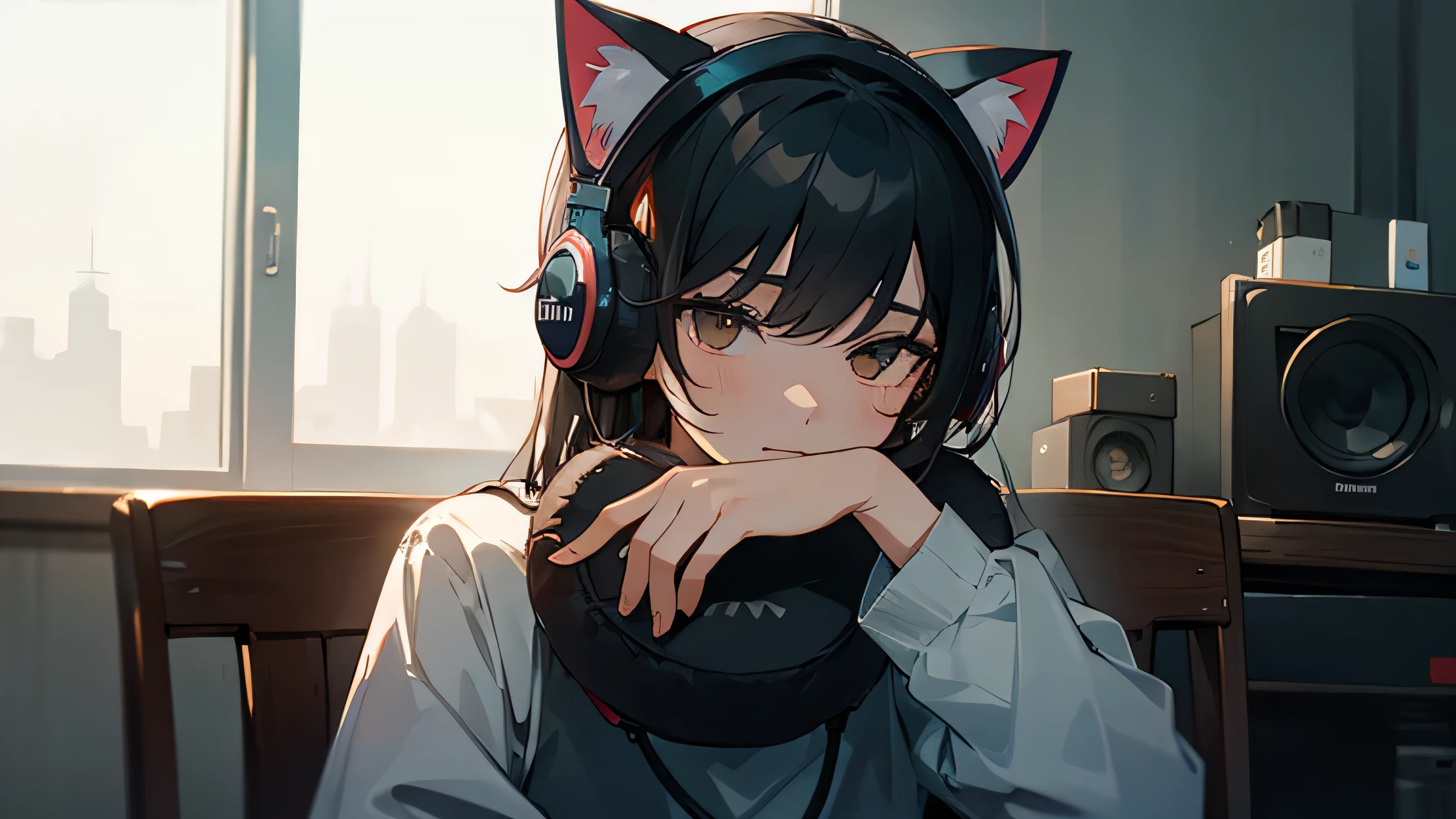 Room with speakers、Cat with headphones、Upper body close-up、night、Black Hair、Sitting in a chair