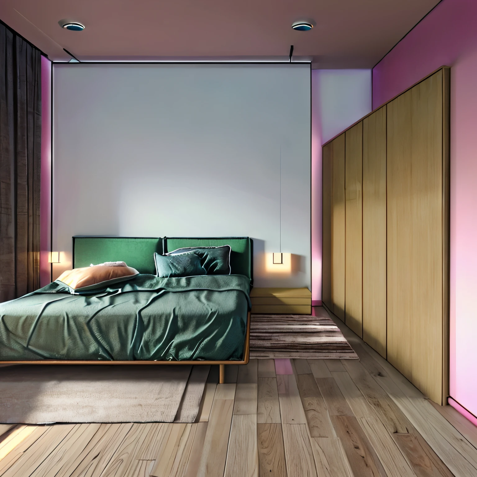 Beautiful interior, cozy bedroom, wood floor, modern style interior