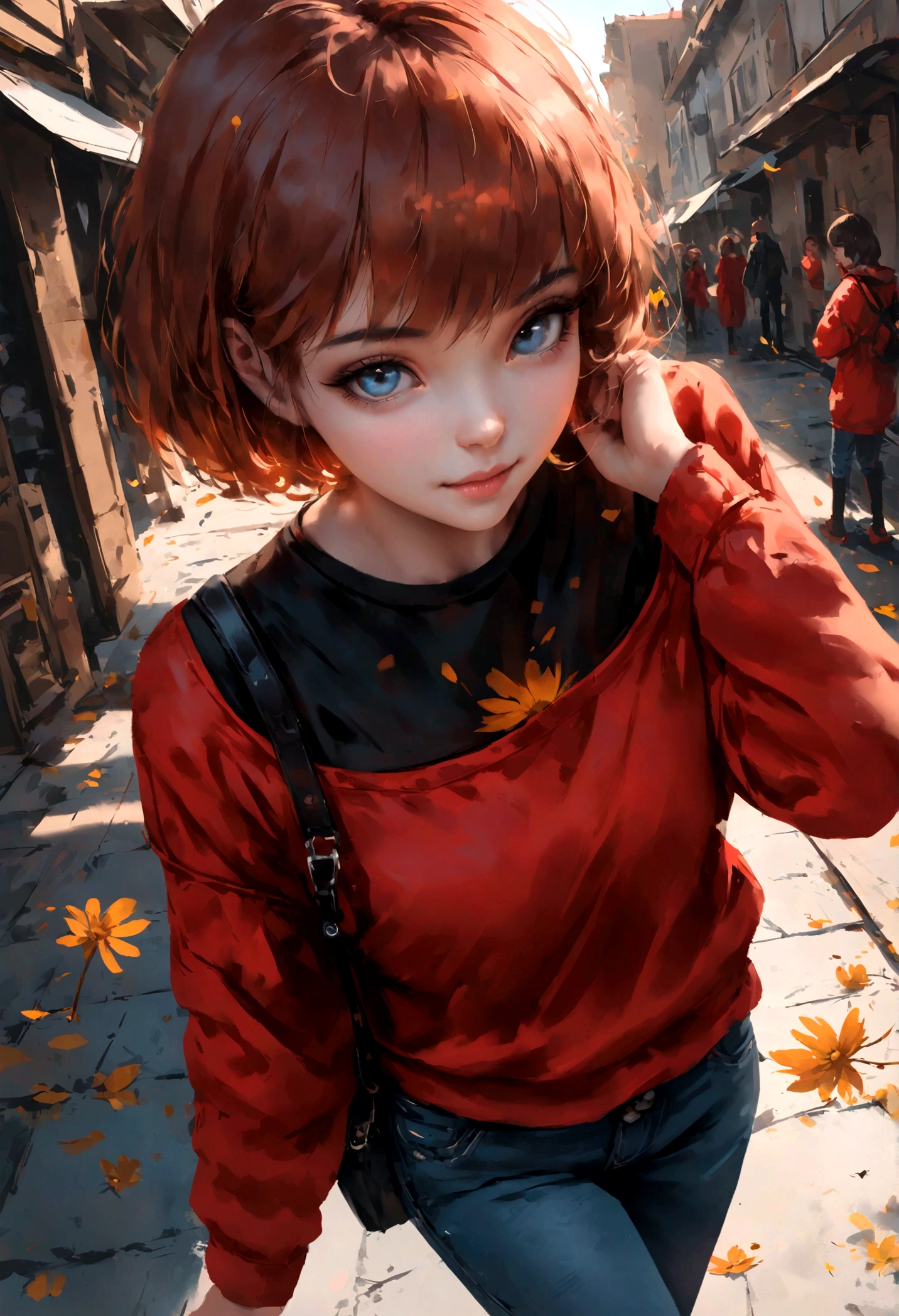 full body , figurative art, A detailed description, realistically, a work of art, a woman standing in a busy street, realism, japanese city street fashion, japanese streetwear, art by WLOP, Sweet breath is exhaling from beautiful lips, ecstatic expression. cute girl short hair, red harmony, red outfit, warm color, cozy atmosphere, semi realistic, correct anatomy, creative angle, official artwork, modern style, modern outfit, wearing shirt and short jean, daily life mood, happy expression, naughty girl, best quality, happy face, cute face, creative pose, creative angle, nice expression, autumn day, low key, cold light, sexy look, short hair, ,Blue sky, white clouds, view from above ,(Eastern European plateau), autumn day, Perfect alignment, paint trails, paint dirt, dirty art, black and yellow paint, scratched, Crystals, daisy flower, yellow, blue eyes, short hair, abstract beauty, beautiful young girl with thin face, centered, looking at viewer, facing camera, jointful face expression, thin, 15 years old, broken glass, close to perfection, dynamic, upper body, sharp focus, oil painting, dramatic light