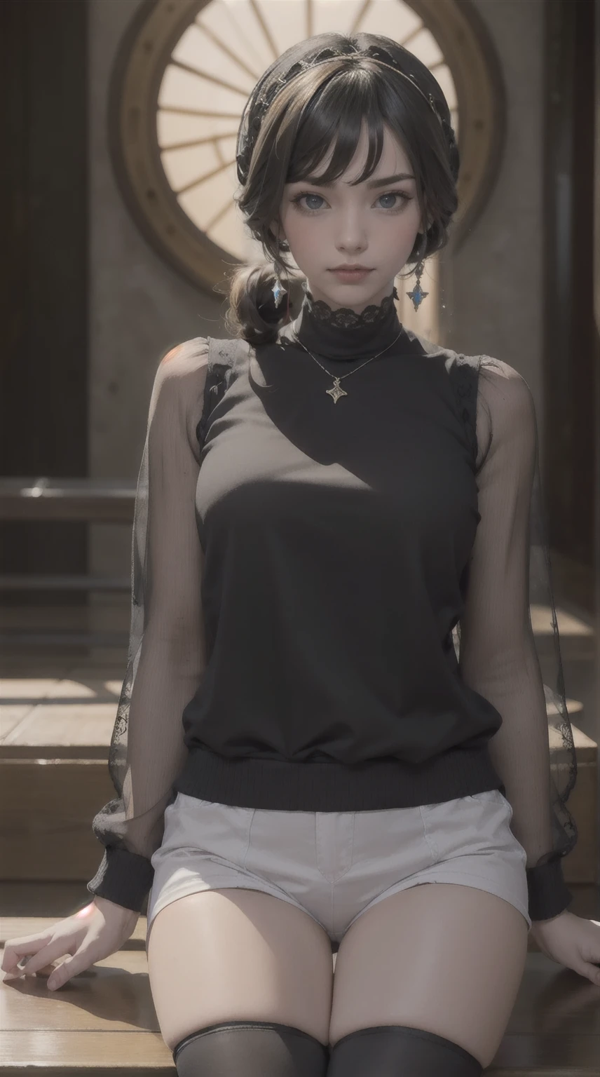 Medium Shot, Medium Shot, Depth of written boundary, bust, Upper Body, Movie angle, masterpiece, highest quality, Very detailed, CG, 8k wallpaper, Pretty face, Delicate eyes, Otome, alone, Long white hair, Yellow Eyes, hairpin, White shirt, black hooded jacket, Black baseball cap, Black Stockings, Black knee-high boots, sunset, 中世のport, port, Detailed water surface, Sun reflection