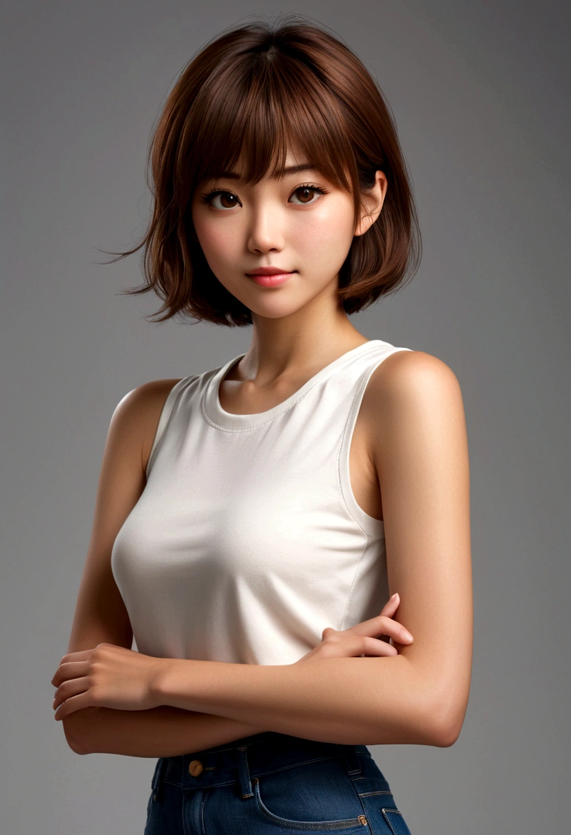 A hyper-realistic portrait of a young Japanese girl with short, straight brown hair and delicate bangs framing her face. She is wearing a form-fitting white sleeveless top that highlights her slender figure and blue jeans. Her expression is gentle and inviting, with a slight, confident smile on her lips. The lighting is soft and natural, coming from the right side, creating subtle shadows on her face and body. Her skin is smooth and fair, with a natural glow. The background is a dark, plain backdrop that contrasts with the light illuminating her, making her the focal point of the image. The style is hyper-realistic with meticulous attention to detail in textures and lighting, capturing the nuances of her facial features and the fabric of her clothing.