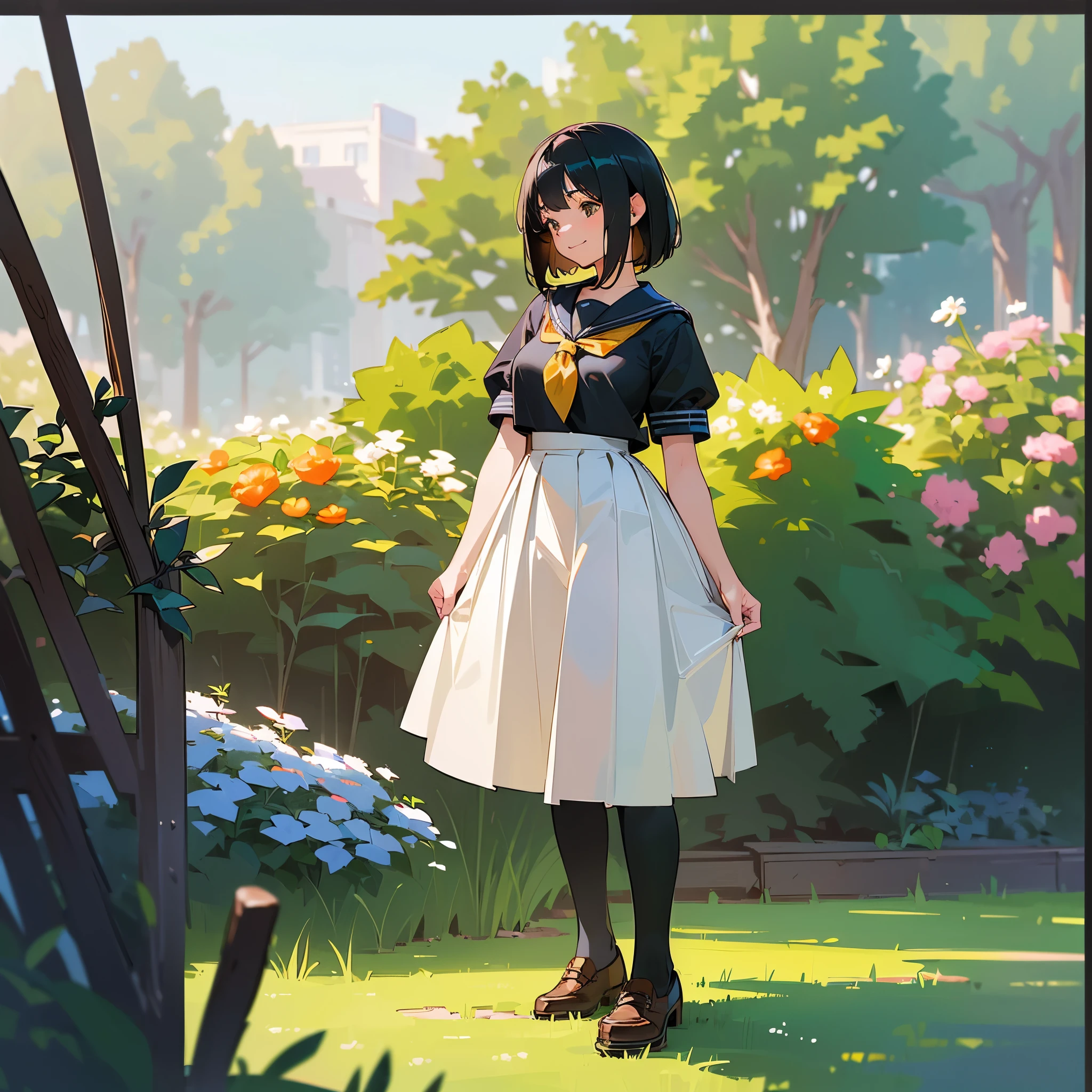 (highest quality, High resolution, Super detailed, Realistic:1.37), Peaceful atmosphere, (Outdoor, garden), Teenage girl standing alone,(my breasts are big.),Beautifully detailed features, Cute Smile, ((Black bob hair)),Short-sleeved sailor uniform, Pleated skirt,Black tights,Brown leather shoes.