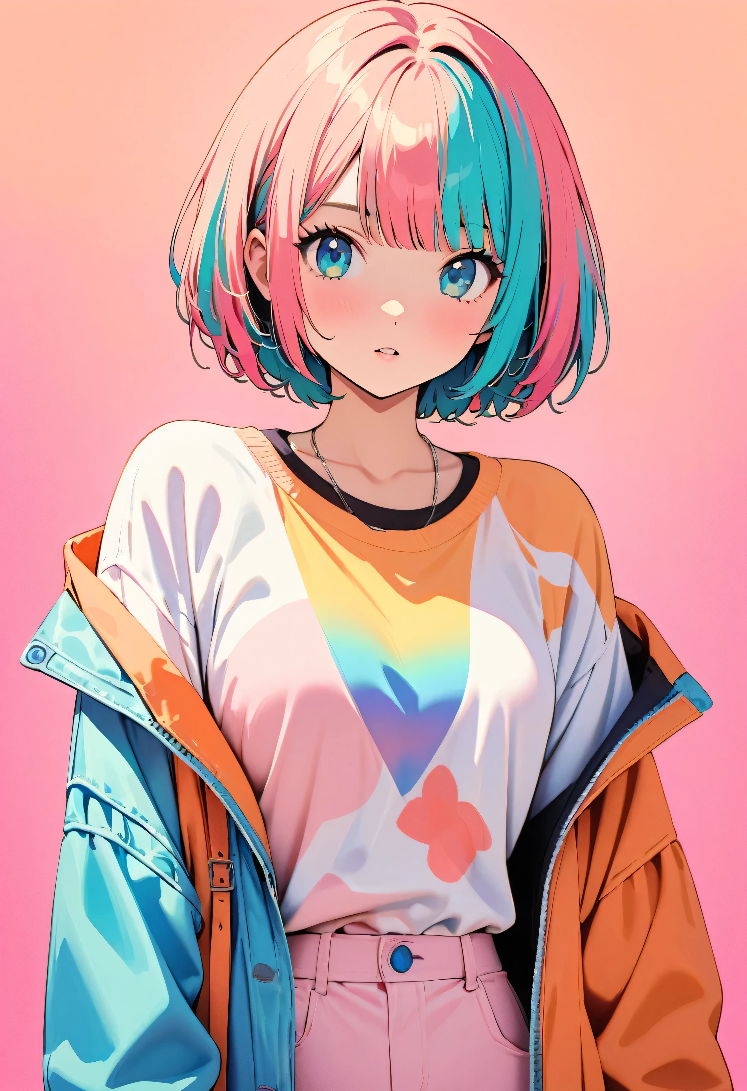 (highest quality:1.2, City Pop Style, Very detailed, Latest, Vibrant, High Contrast, masterpiece:1.2, highest quality, Best aesthetics), girl, ((Face Up Shot:1.4)), Colorful Hair, Bobcut, pastel colour, 1980s style, ((Retro, Vintage, Solid color background))