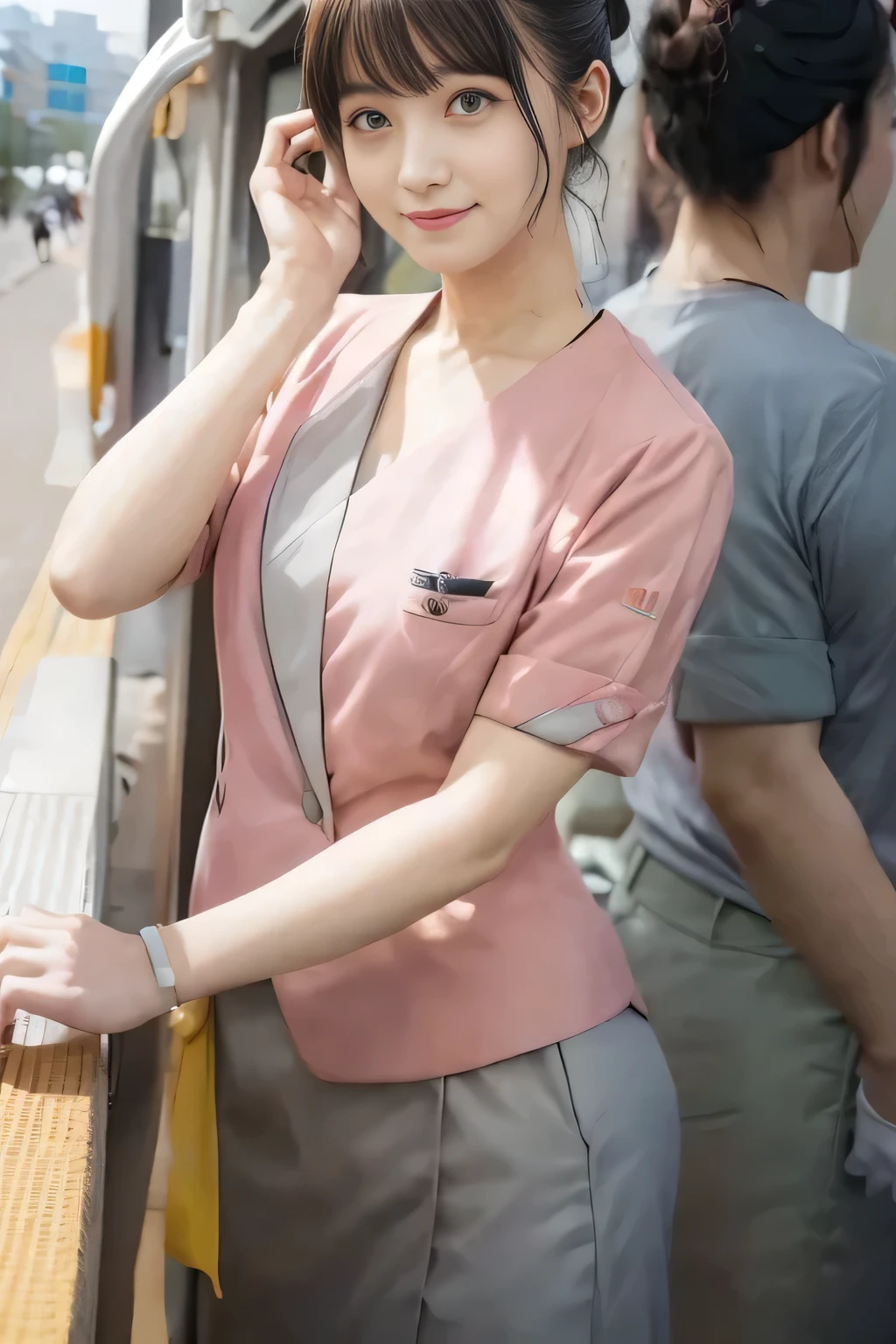 (masterpiece:1.2, highest quality:1.2), 32K HDR, High resolution, (alone、1 girl)、（On the rooftop of a building in the daytime、Professional Lighting）、Building rooftop background、（Nankai train crew uniform pinkを着たリアルスタイル）、（Nankai train crew uniform pink short sleeve pink jacket、Nankai Train Crew Uniform Pink Collarless Short Sleeve Blouse、Nankai Train crew uniform pinkのグレー色のキュロットスカート）、Dark brown hair、（Hair tied up、Hair Bun、Hair Bun）、Dark brown hair、Long Shot、Big Breasts、Thin legs、（（Great hands：2.0）），（（Harmonious body proportions：1.5）），（（Normal limbs：2.0）），（（Normal finger：2.0）），（（Delicate eyes：2.0）），（（Normal eyes：2.0））)、smile、（Nankai Train crew uniform pinkのグレー色のキュロットスカートを見せた美しい歩く姿）、Keep your hands natural、