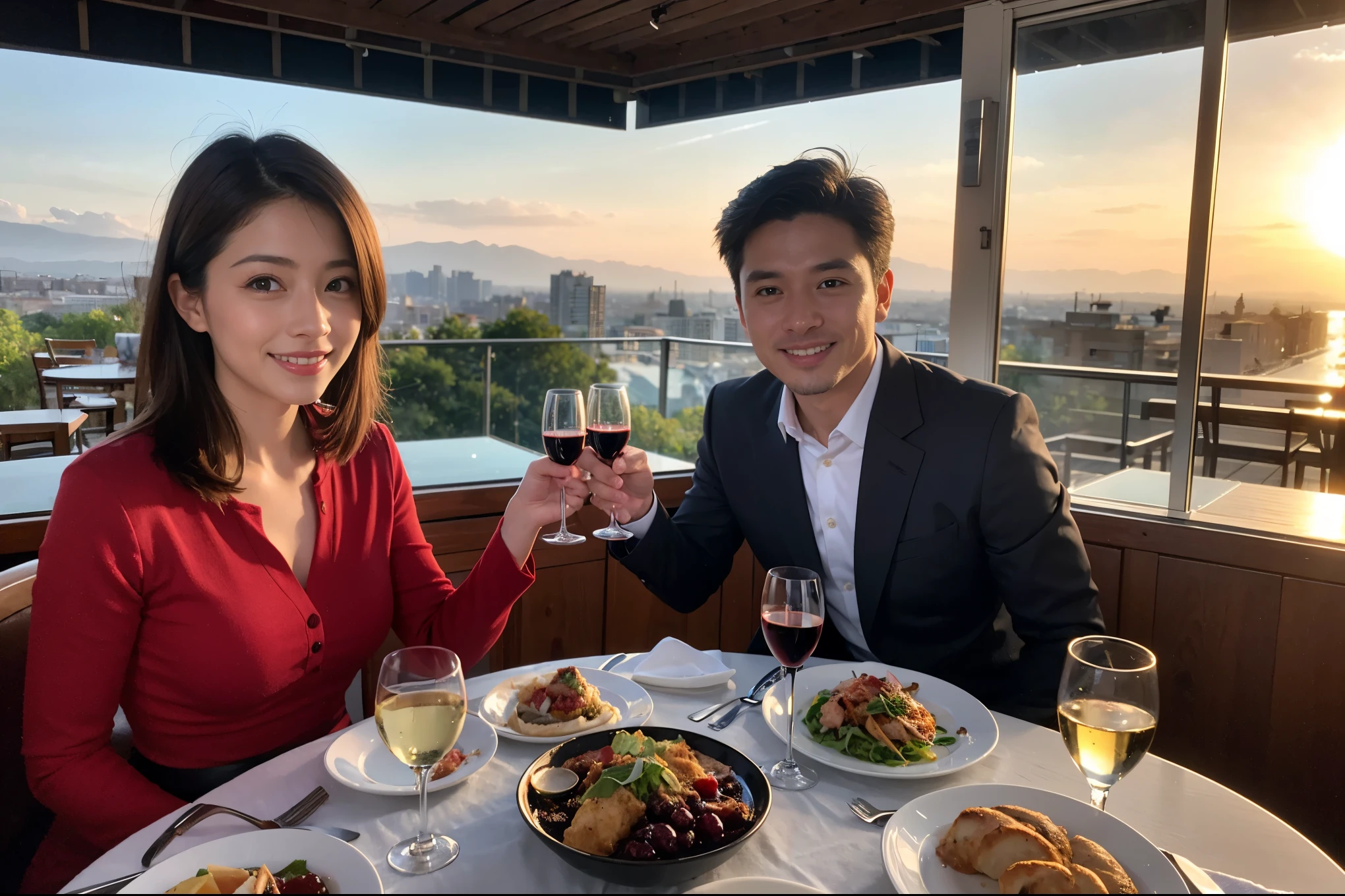 ((highest quality、8k、masterpiece:1.3))、1 male 1 female、A lover who resembles Satomi Ishihara、Beautiful couple、smile、full-course dinner、 (Slim face), (the body is スリム), (Brown Hair), (Shortcuts), テーブルの上のwine glass、Please shine a light on my face、 Amazing view of the sunset sky and clouds、 (Age 37), 39 years old, red wine 、Appetizers、Italian food、Wine bottle、Champagne、sparkling wine、Long sleeve shirt、dress、White wine, red wine, wine glass, 