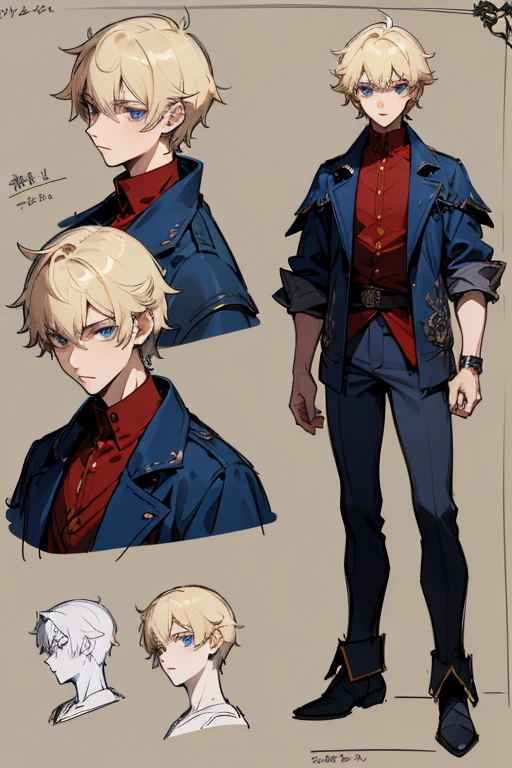 ( Absurdly , High quality , ultra detailed ) ,( hand detailed ) , 1boy, solo, teen, , (concept art, character sheet, character sketch),absurdres(highly detailed beautiful face and eyes)perfect anatomy, (Male), (((lean-body))) ((thin body)) (fit), (dark-blue eyes), adventure, fantasy type clothing, crimson shirt, blue jacket, trousers (multiple views) (sketch), intense eyes, (concept art, character sheet), blond hair, short messy hair, red under shirt, wolf cut