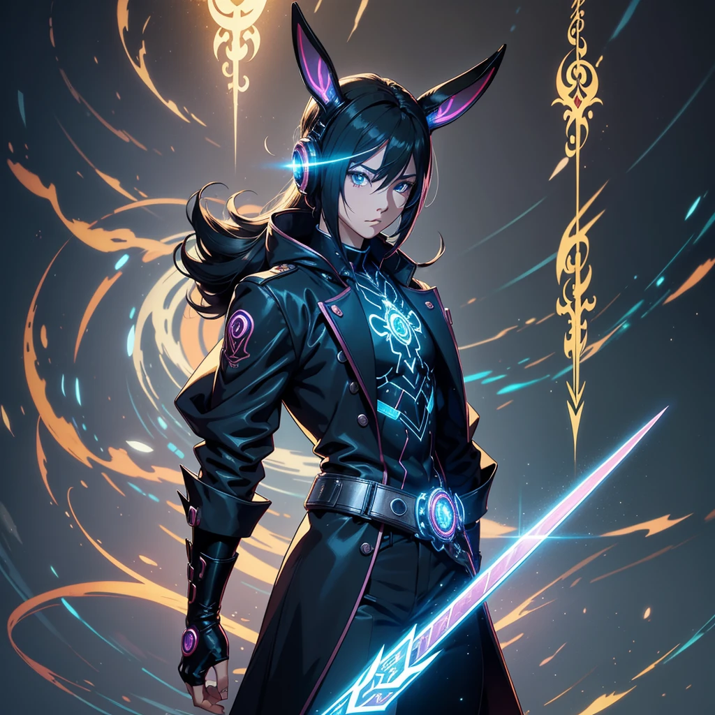 human Sorcerer secret agent, full body, wearing an elegant suit with magic circuits, long sword with magical carved details glowing, whole rabbit ears, human face, glowing eyes, fantasy RPG, tanned skin, neon punk, art book, Studio ghibli, wide setting, in the middle of a magical cyber retro metropolis, magical light reflected in the hair and ear, aura of light, style power, half-top view, old anime style