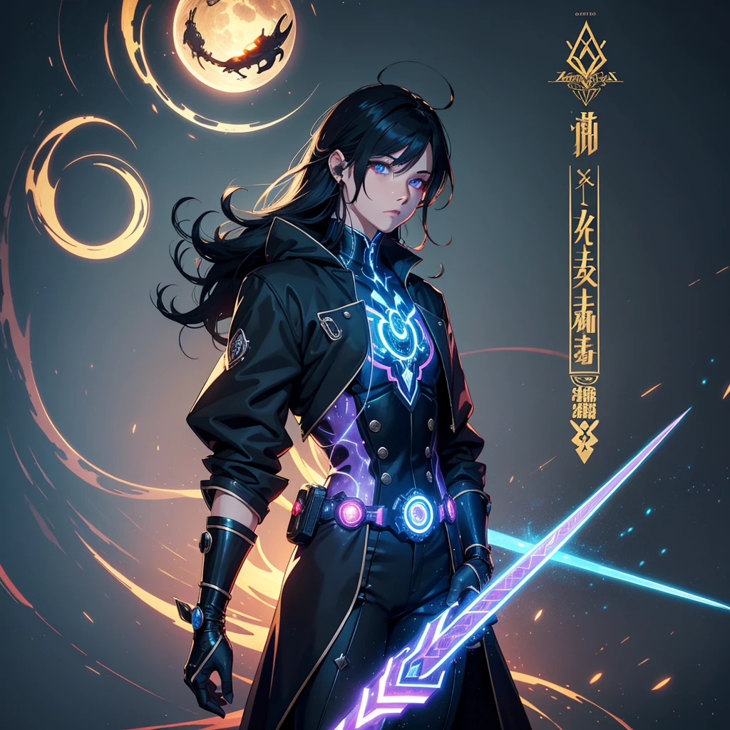 human Sorcerer secret agent, full body, wearing an elegant suit with magic circuits, long sword with magical carved details glowing, whole rabbit ears, human face, glowing eyes, fantasy RPG, tanned skin, neon punk, art book, Studio ghibli, wide setting, in the middle of a magical cyber retro metropolis, magical light reflected in the hair and ear, aura of light, style power, half-top view, old anime style