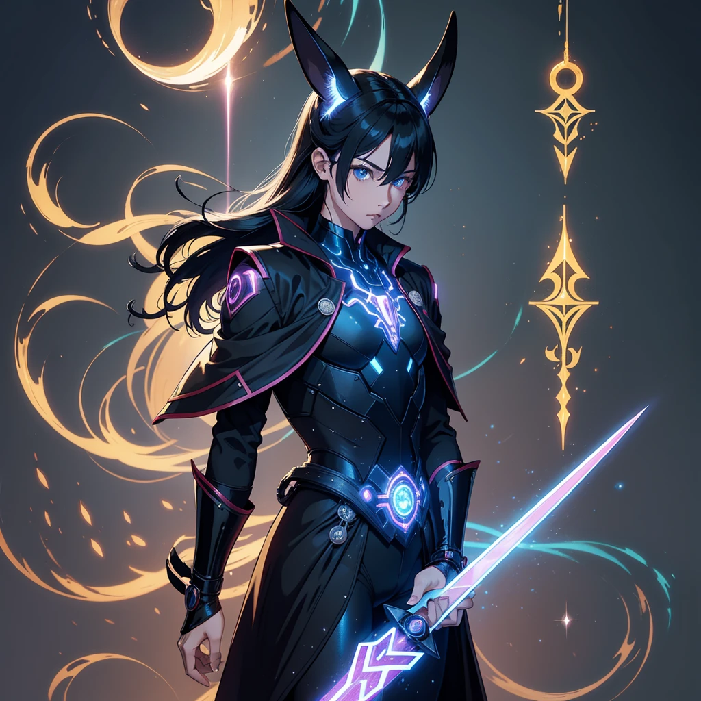 human Sorcerer secret agent, full body, wearing an elegant suit with magic circuits, long sword with magical carved details glowing, whole rabbit ears, human face, glowing eyes, fantasy RPG, tanned skin, neon punk, art book, Studio ghibli, wide setting, in the middle of a magical cyber retro metropolis, magical light reflected in the hair and ear, aura of light, style power, half-top view, old anime style