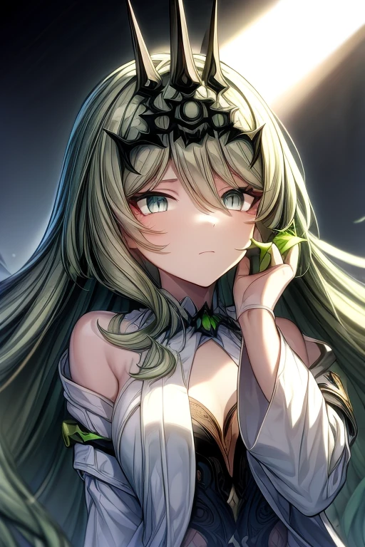 (masterpiece, best quality, perfect face, expressive eyes), 1girl, (anime), (adult), long light green hair, mobius, green eyes, (white lab coat), black gloves, intricate details, tiara