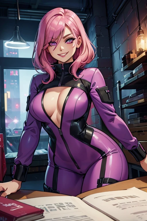 A pink haired female reaper with violet eyes with an hourglass figure in a soft pink spy jumpsuit is smiling in a warehouse apartment in the city at nigh