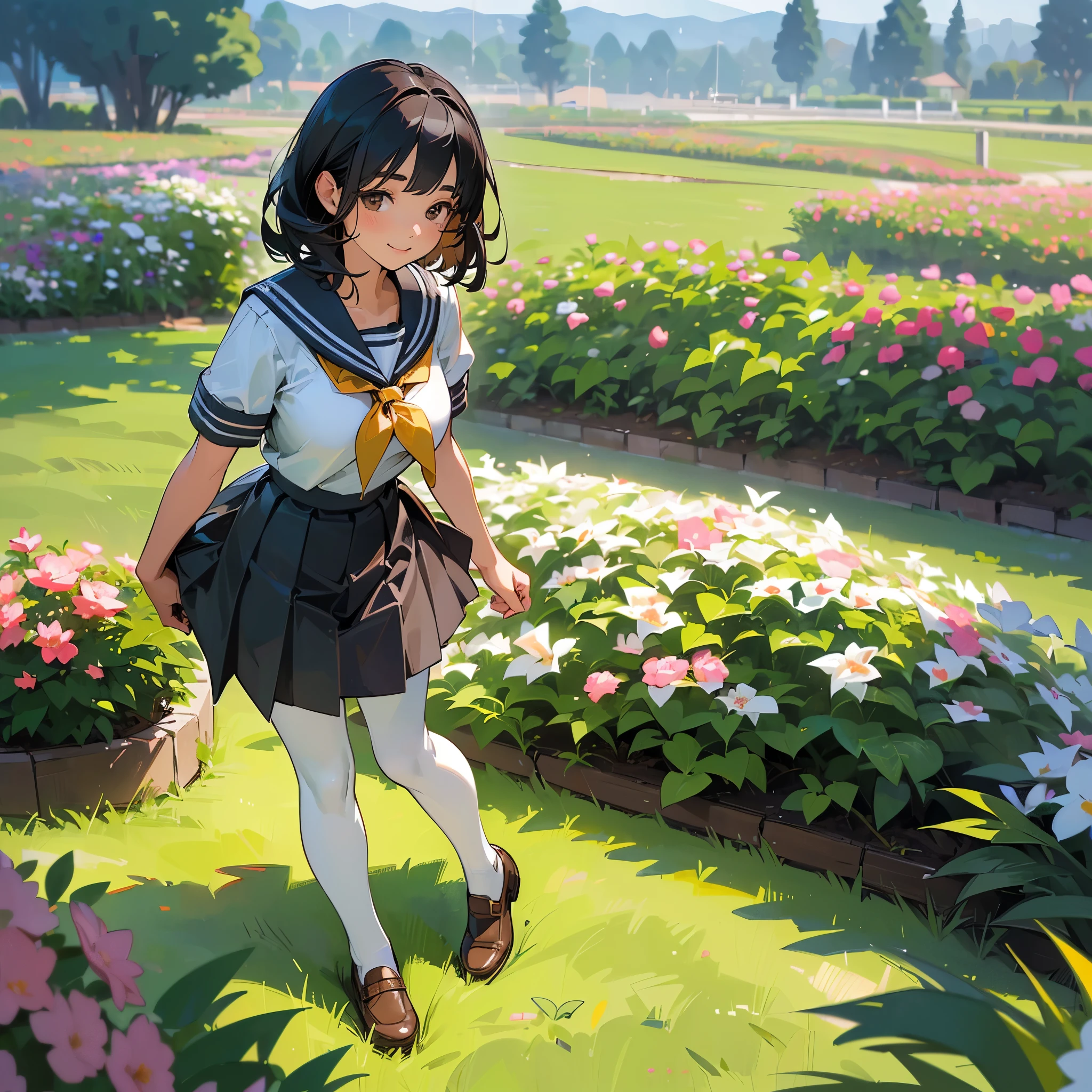 (highest quality, High resolution, Super detailed, Realistic:1.37), Peaceful atmosphere, (Outdoor, garden), Teenage girl standing alone,(my breasts are big.),Beautifully detailed features, Cute Smile, ((Black bob hair)),Short-sleeved sailor uniform, Pleated skirt,Black tights,Brown leather shoes.