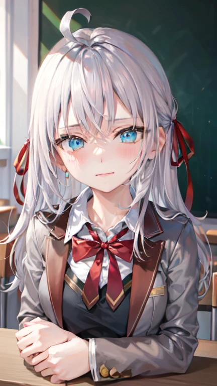 masterpiece, highres, highest quallity, illustration, cinematic light, ultra detailed, detailed face, (((detailed eyes))), best quality, hyper detailed, masterpiece, (detailed face), Alisa Kujou, 1girl, long hair, blue eyes, shirt, bow, ribbon, , jacket, hair ribbon, (white hair), solo focus, bowtie, look at viewer, red bow, red ribbon, red bowtie,skirt, white thighhighs, ((schoolUniform)), classroom