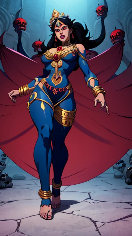 (Kali godess),(detailed eyes), (detailed nose), (detailed lips), big red eyes, (tongue out), angry expression, hourglass figure, wide hips, toned thighs,(dark blue body), (full body view), standing, bare foot, (naked), 8 arms, wearing necklace made of skulls around her neck.