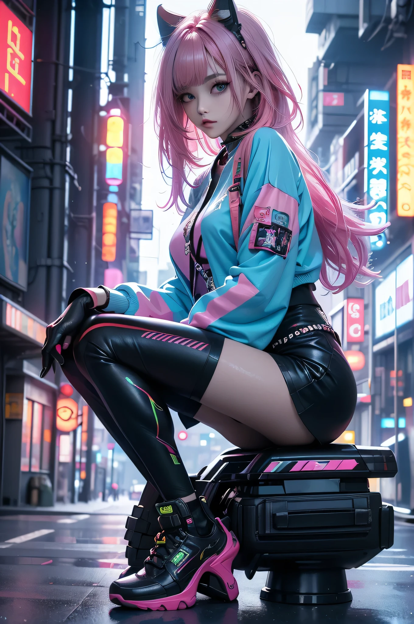 「Full body、In a futuristic cyberpunk city background、Create a portrait of a beautiful Japanese girl with colorful hair sitting on a rainbow-colored object。Her hair is neon pink、blue、Greens mixed together、It reflects light and shines brightly。Her eyes shine like the Milky Way、It looks like you&#39;re wearing futuristic contact lenses。High-tech earpieces are fitted to the ears.、She is wearing a black and yellow tank top。The tank top has a metallic texture.、Features pink and yellow accents。I&#39;m wearing the shorts from the set。In the background, skyscrapers with neon lights shine.、The city&#39;s night view spreads out。The overall atmosphere is、It expresses the futuristic and energetic worldview of cyberpunk.。」