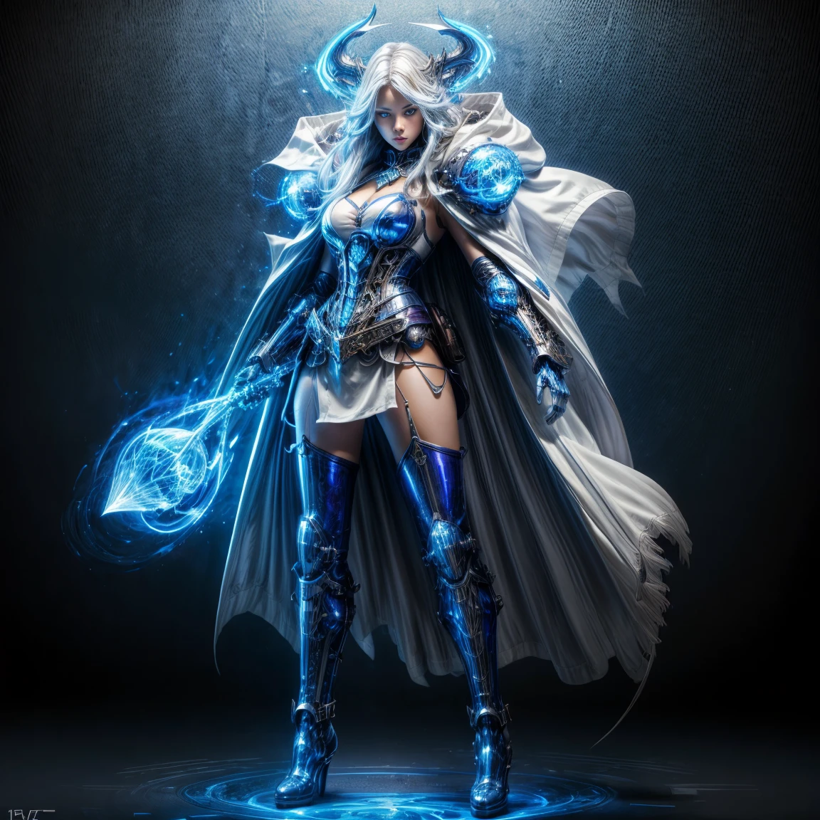 ((full body photo, standing, feet on the ground))ffantasy art, steampunk art, RPG art, photograph, RAW,  Best Detailed, picture of a mecha woman wizard, standing proudly, manipulating magical blue fire, extremely beautiful woman (best Detailed, Masterpiece, Hyperrealistic: 1.5) blond hair, rich hair, wavy hair, dynamic eyes color, wearing black and white dress, wearing (white cloak: 1.2), wearing (pantyhose: 1.2), wearing high heeled boots, laces boots, make up, steampunk laboratory background, ultra best realistic, best details, best quality, 16k, [ultra detailed], masterpiece, best quality, (extremely detailed), ultra wide shot, photorealism, depth of field, hyper realistic painting, GlowingRunes_purple, blue fire, mechanical parts