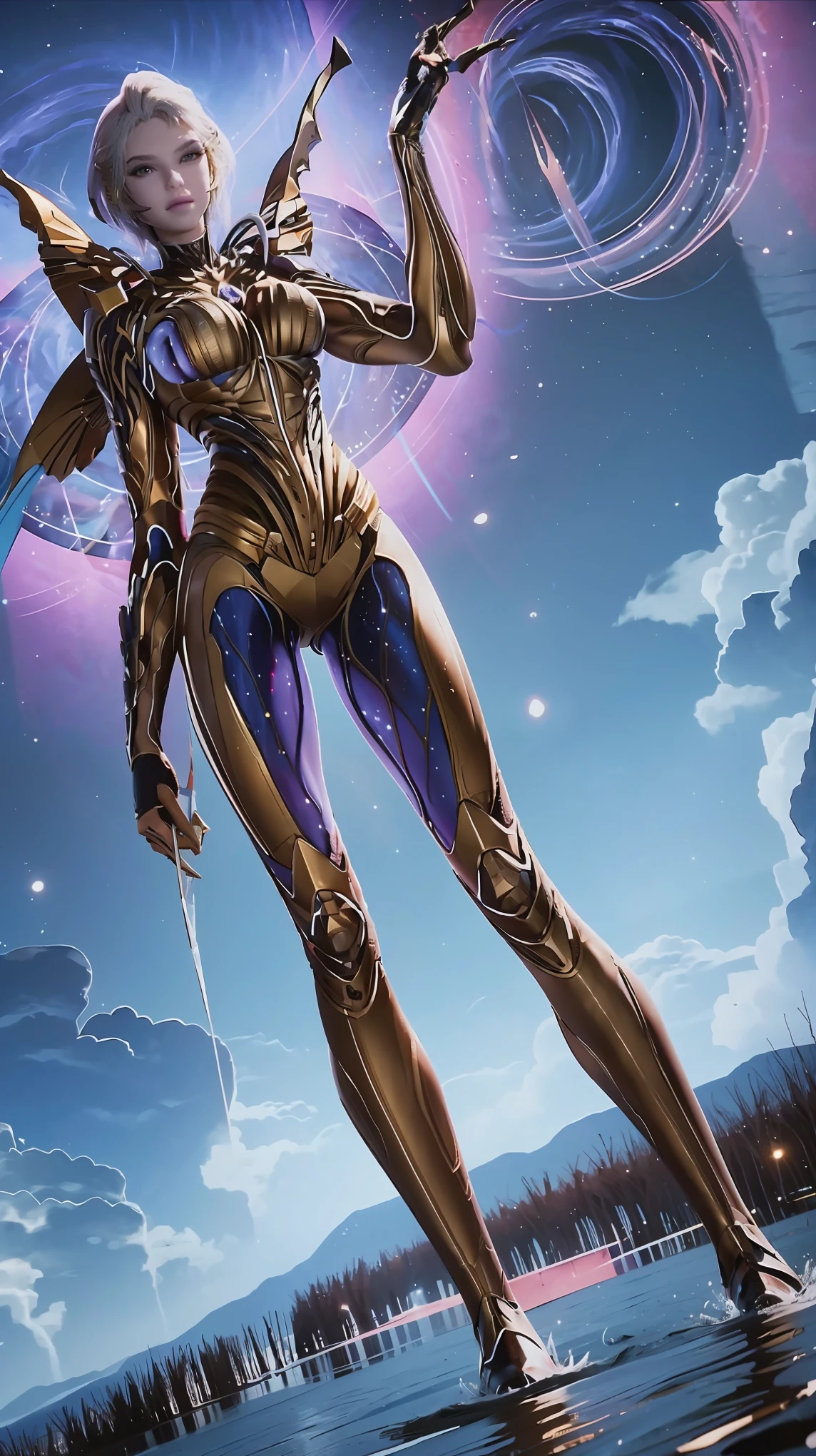 Cartoon woman kneeling on the starry sky, Water splashes at the knees,CG Social Trends, Smooth anime CG art, Starry sky background,Full body view,Royal sister kneeling posture