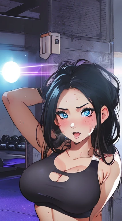 top-quality、Top image quality、masterpiece、girl with((cute little、18year old、Best Bust、Medium bust、Bust 85,Beautiful blue eyes、Breasts wide open,Long Black Hair、A slender、Middle knot、Black Sports Bra、White short skirt,Reflecting the whole body、Black perforated gloves、Sweating、Tired face、Splattering sweat、all-fours、emphasis on the buttocks))hiquality、Beautiful Art、Background with((clubhouse、Blue lighting、Purple Laser Illumination、Red laser illumination,Yellow laser illumination,fitness club、natta、Virtual Worlds)),masutepiece、Elaborate design、visualart、depth of fields、The best lighting、highestdetailed、8k,Super delicate