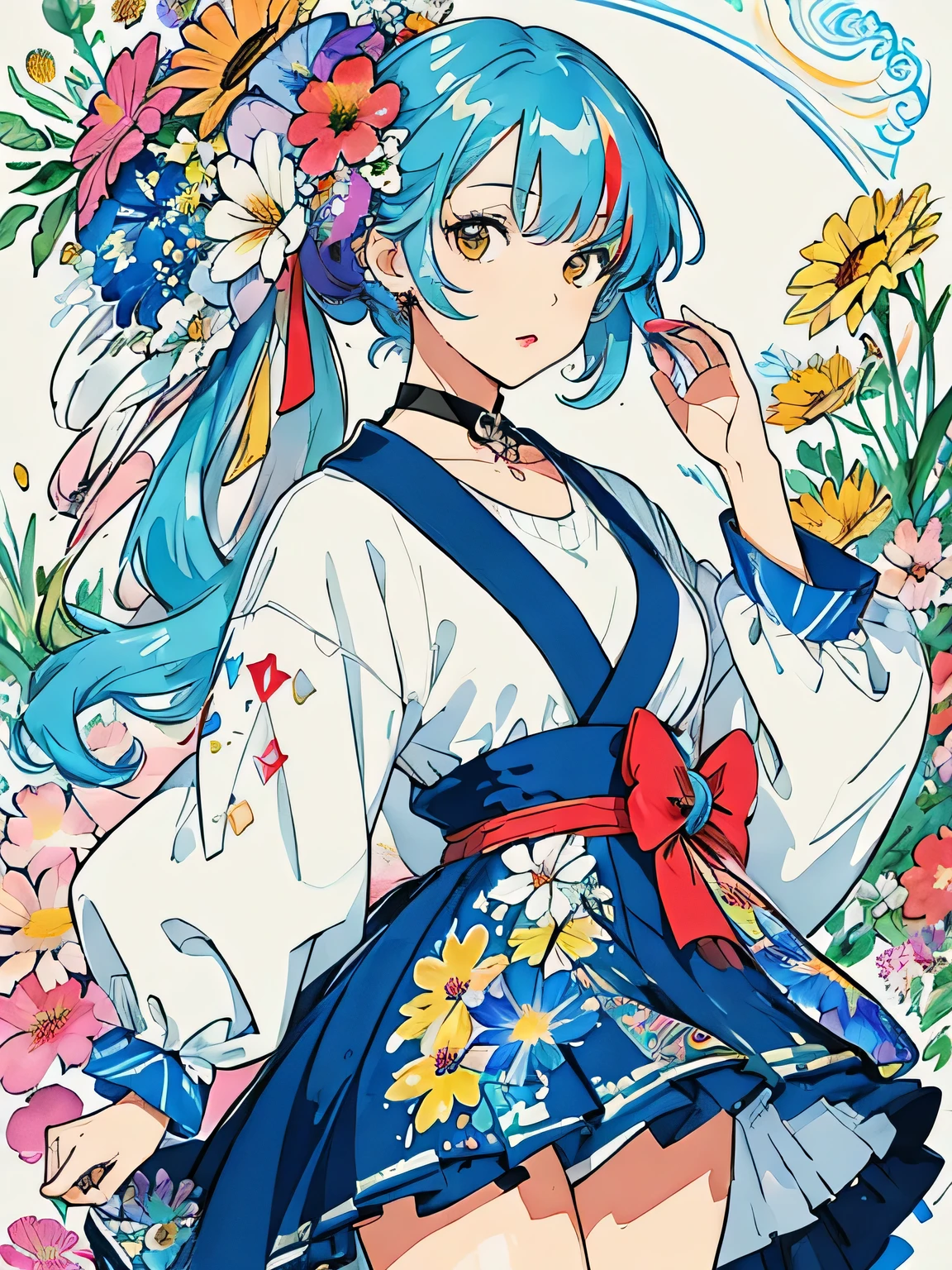 Mai Yonezawa Style、(((stylish fashion))), 8K Quality、Intense watercolor, Detailed watercolor art, Watercolor splash, Surreal, avant-garde pop art, Beautiful and expressive paintings, Beautiful artwork illustration, Very colorful tones, wonderful, Cool beauty, highest quality、Official Art, Vector art, Stylish design, (((The most beautiful girl))), (((highest quality))), HDR, ((detailed)), (((Doodle Art)), ((masterpiece)), ((Super detailed)), (((Colorful flowers))),(((Stylish))), Lips in Love, Background is SKULL
