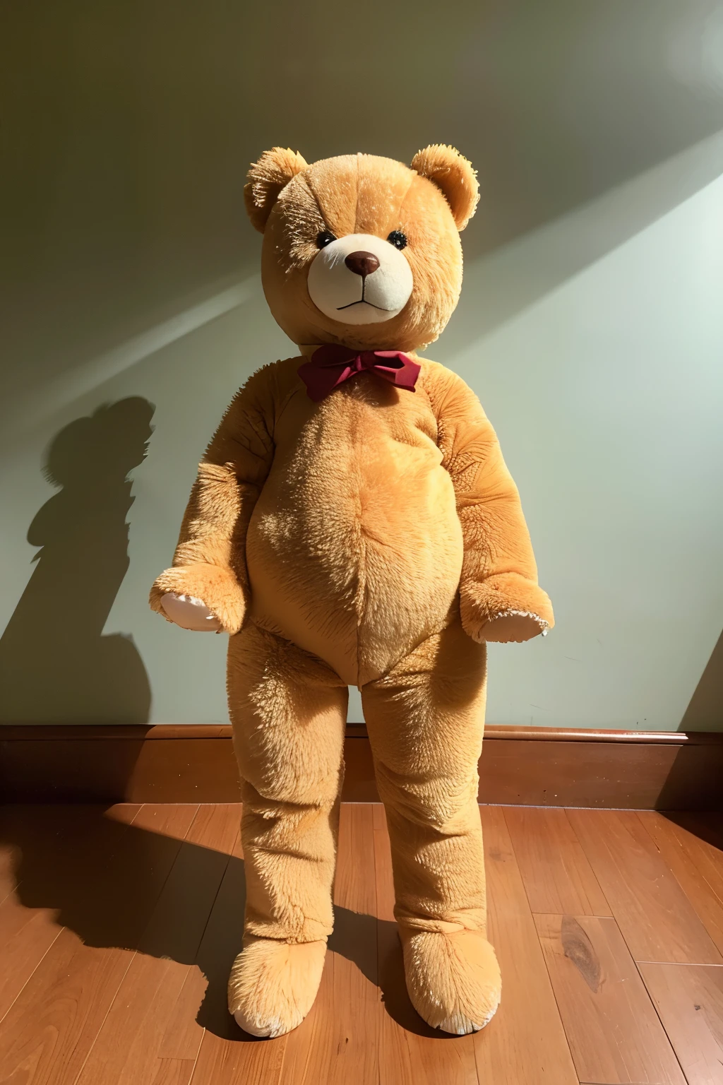 A teddy bear standing on two legs in an empty room、Full body portrait