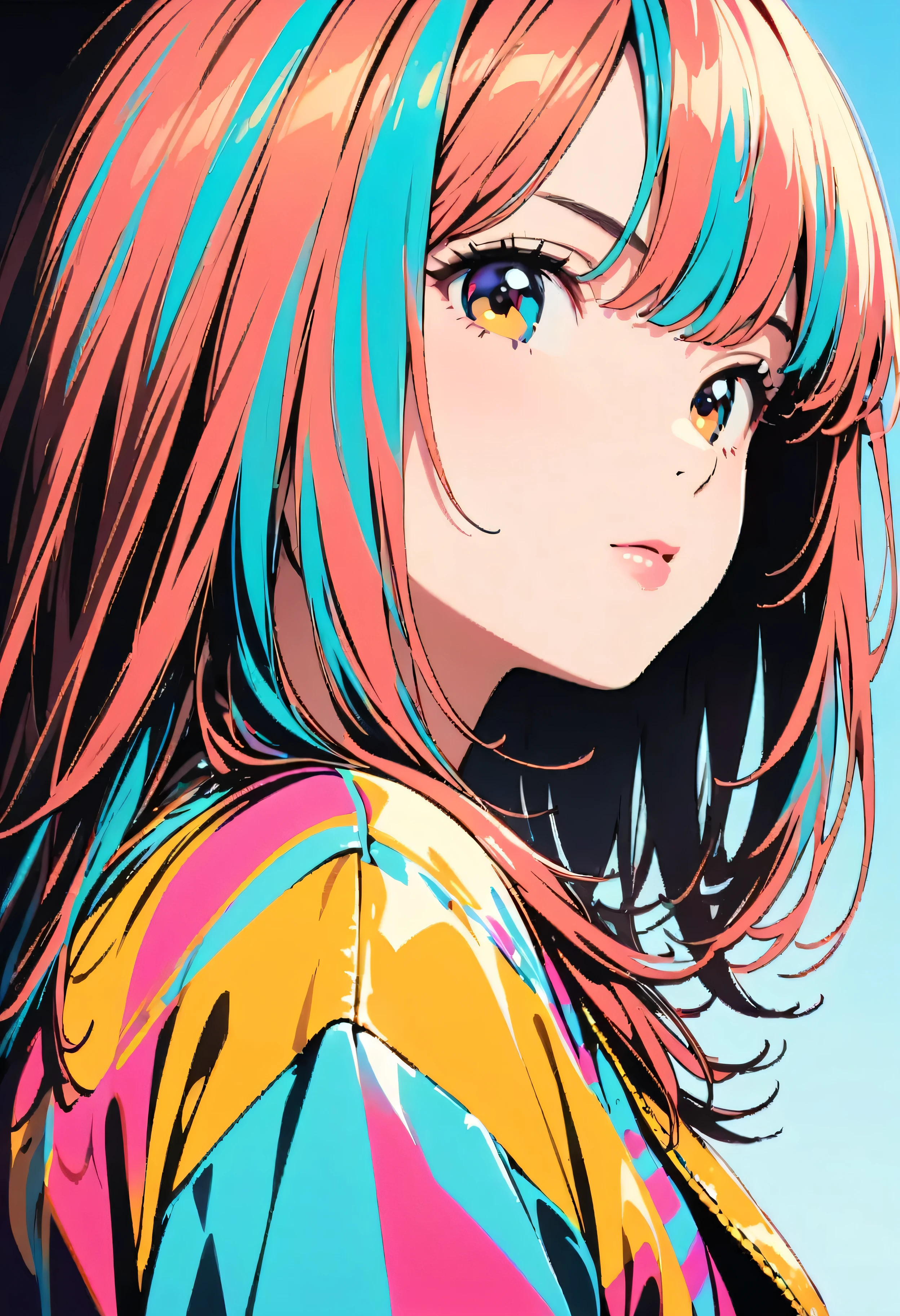 (highest quality:1.2, City Pop Style, Very detailed, Latest, Vibrant, High Contrast, masterpiece:1.2, highest quality, Best aesthetics), girl, ((Face Up Shot:1.4)), Colorful Hair, Bobcut, pastel colour, 1980s style, ((Retro, Vintage, Solid color background))