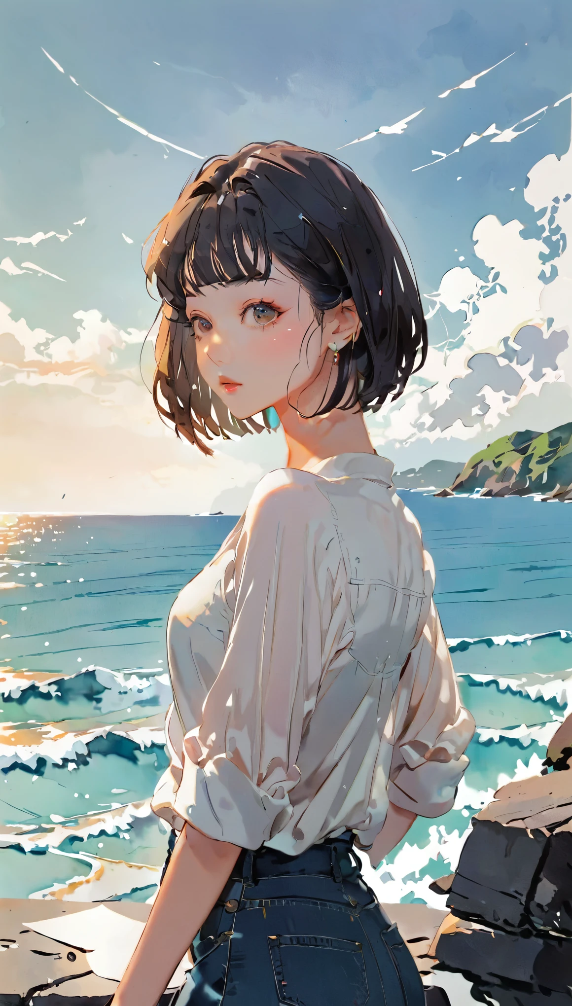 (((paper cutting style))), 1 girl, short black hair, straight hair, portfolio, shirts, denim, ocean and sky
