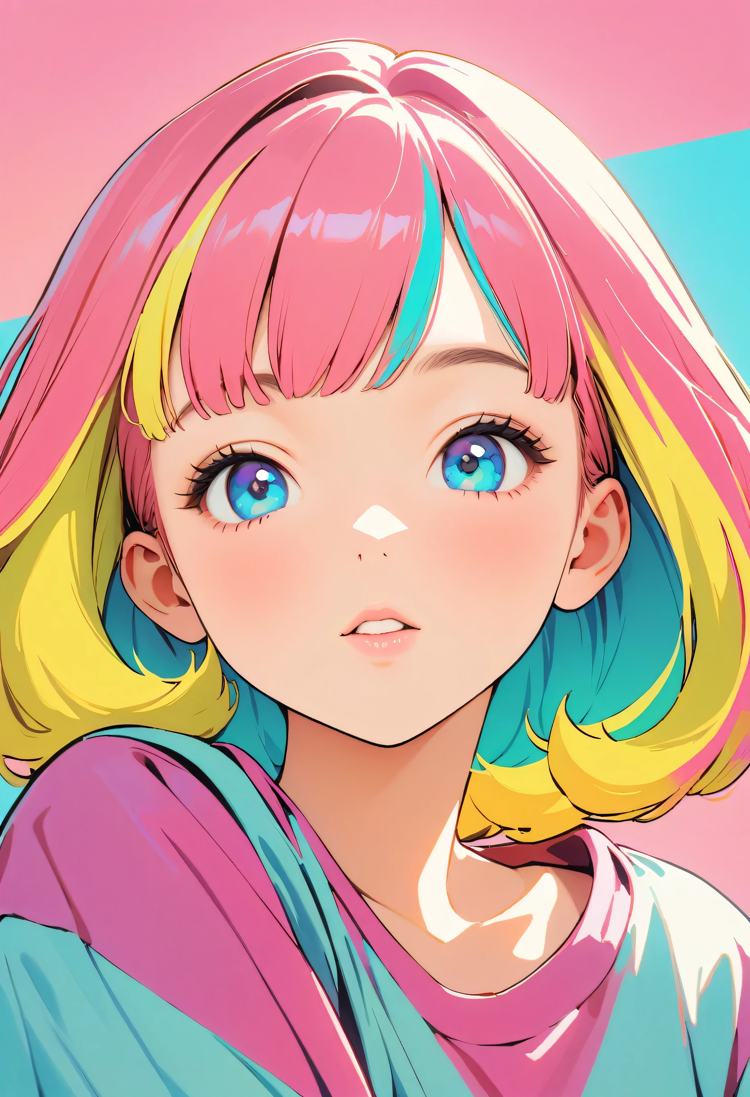 (highest quality:1.2, City Pop Style, Very detailed, Latest, Vibrant, High Contrast, masterpiece:1.2, highest quality, Best aesthetics), girl, ((Face Up Shot:1.4)), Colorful Hair, Bobcut, pastel colour, 1980s style, ((Retro, Vintage, Solid color background))