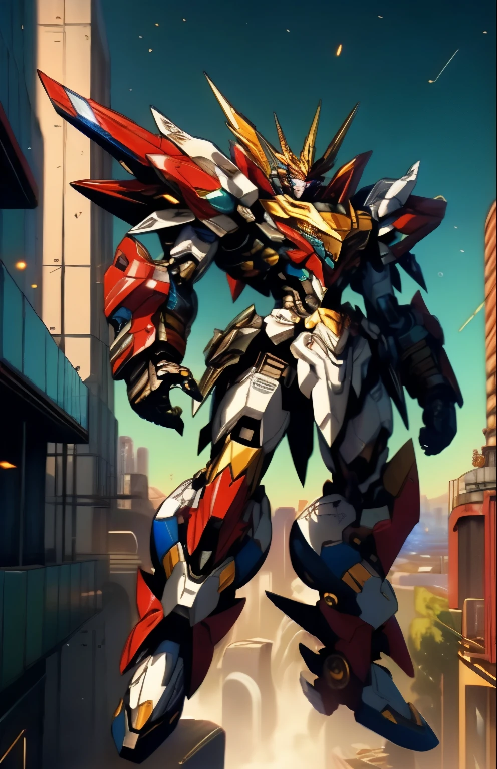 Humanoid Mecha, fully enclosed shoulder guards, matching arm and leg guards, full body, full armor, the design balances heavy with agility, (the color scheme is primarily white with red and blue accents, the concept Inspired by Super robot, organic biotech armor, standing, floating high above the futuristic sci-fi city), exquisite and mature art style, (aura effect, energy, glowing eyes, the armor glows), ((SRS)), metallic, dynamic, dramatic, high definition, best quality, highres, ultra-detailed, ultra-fine painting, extremely delicate, professional, perfect body proportions, anatomically correct, symmetrical face, extremely detailed eyes and face, high quality eyes, creativity, RAW photo, UHD, 32k, Natural light, cinematic lighting, masterpiece-anatomy-perfect, masterpiece:1.5