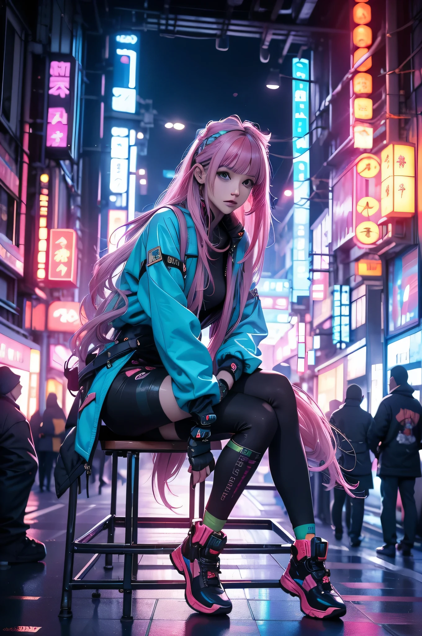 「Full body、In a futuristic cyberpunk city background、Create a portrait of a beautiful Japanese girl with colorful hair sitting on a rainbow-colored object。Her hair is neon pink、blue、Greens mixed together、It reflects light and shines brightly。Her eyes shine like the Milky Way、It looks like you&#39;re wearing futuristic contact lenses。High-tech earpieces are fitted to the ears.、She is wearing a black and yellow tank top。The tank top has a metallic texture.、Features pink and yellow accents。I&#39;m wearing the shorts from the set。In the background, skyscrapers with neon lights shine.、The city&#39;s night view spreads out。The overall atmosphere is、It expresses the futuristic and energetic worldview of cyberpunk.。」