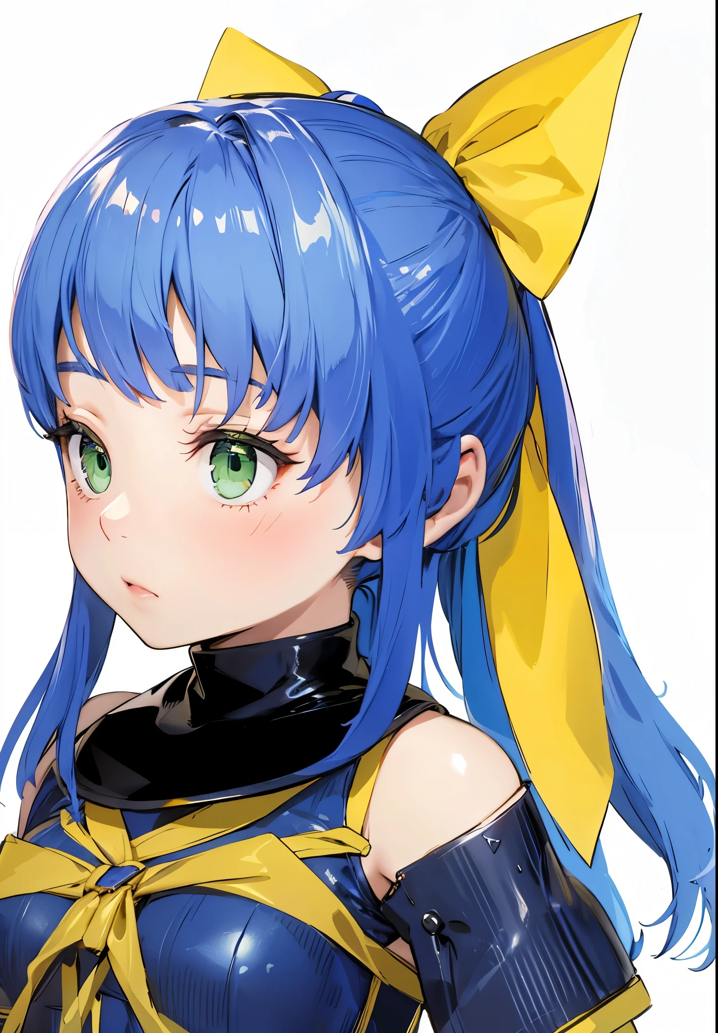 beautiful girl,,Blue Hair,Yellow ribbon,ponytail,Green Eyes,4k,8k,highest quality