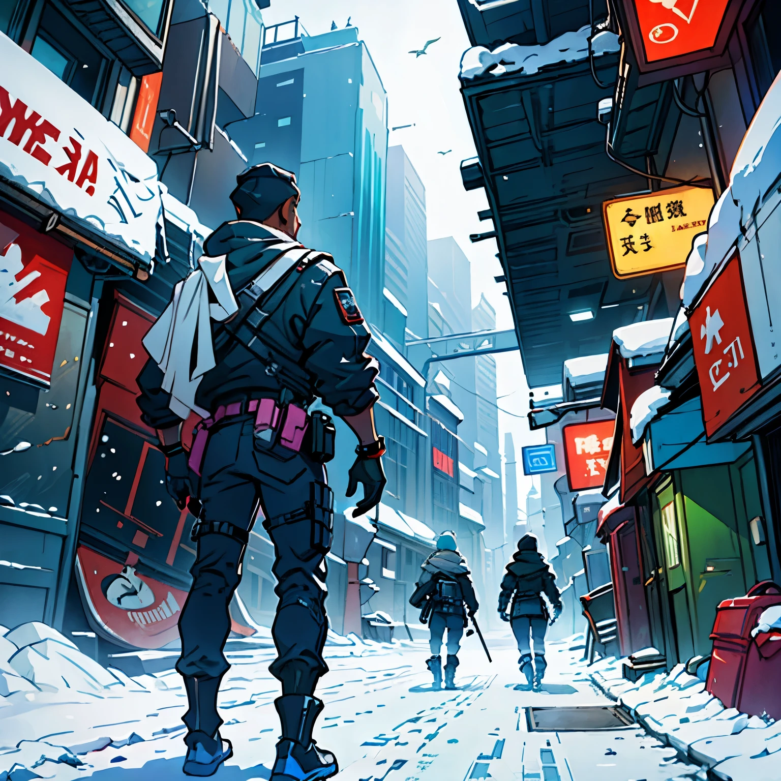 Escene a futuristic poor neighborhoods,danger, in the snow, day, futuristic style