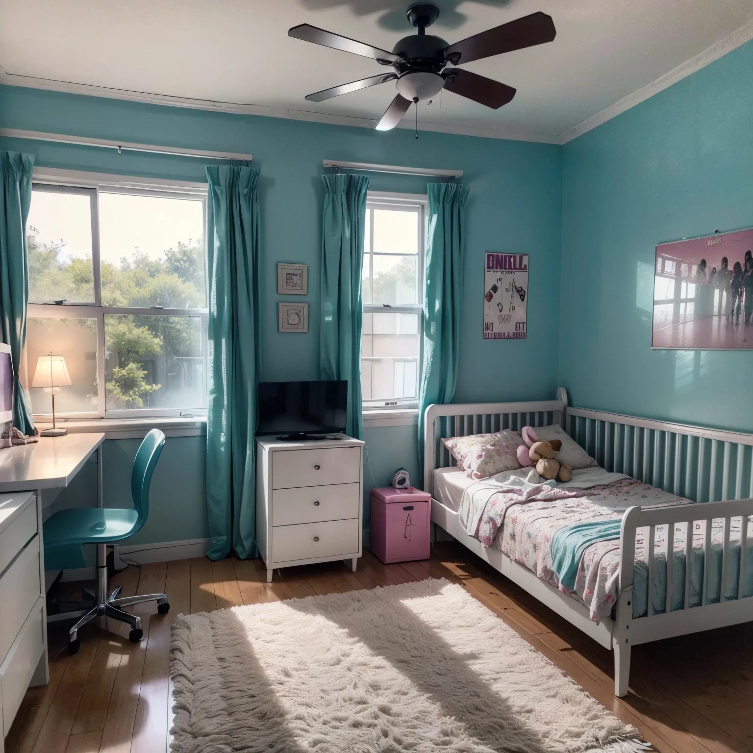 (((Teenage girl's room))), ((furniture and decoration from 1986)), 1980s style, Photography, award-winning, cinematic image, (room without window), (((year 1985))), a room for a teenage girl, Madonna fan, teenage girl's room, (((no window))) ,no one in a messy room, bedroom, sofa, shoes clothes on the floor, Very messy, Women's underwear, panties, (super detailed details), (super detailed CG: 1.2), photographic style, 1980s star posters, Cinematic Lighting, gaming pc, chair gaming, Hyper realistic, super realistic, 8K. (Just the scenery), (((absolutely no windows)))
