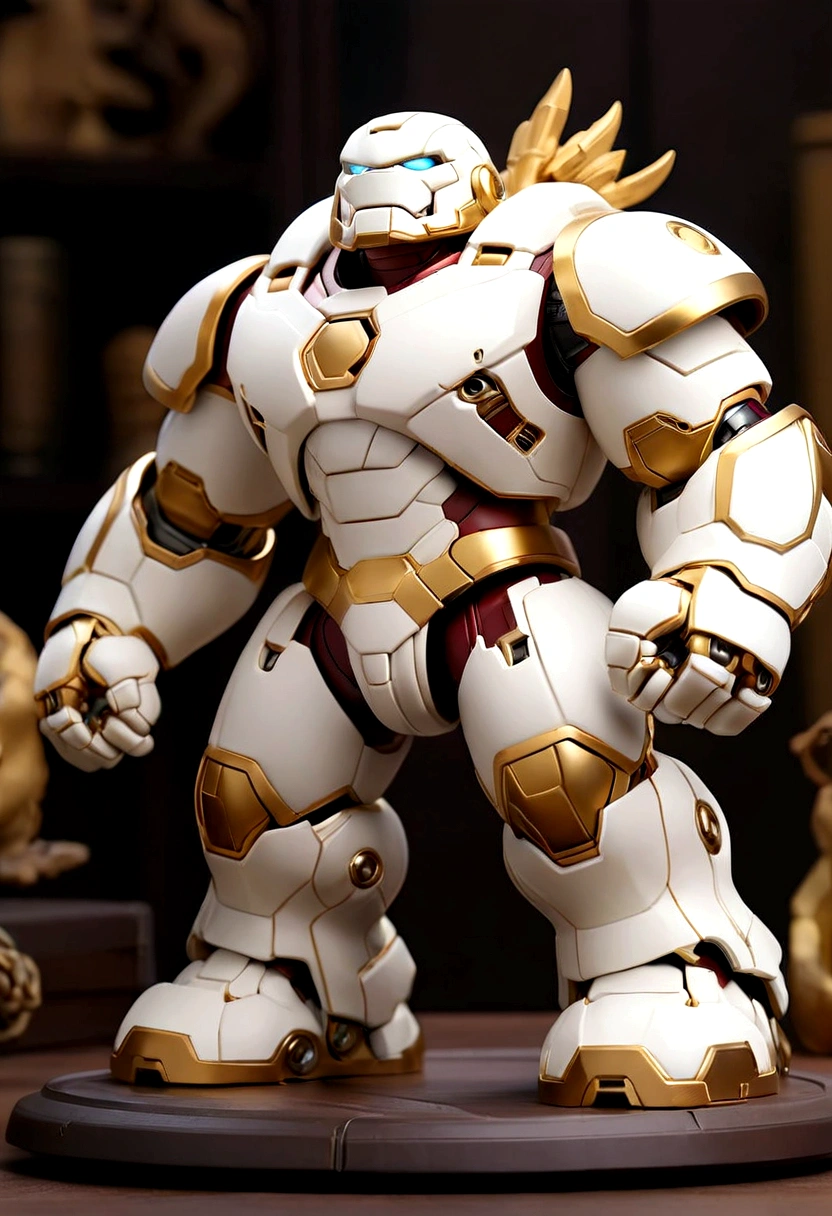 a small white hulkbuster samurai  figure on the table, gold mecha accent, hero pose