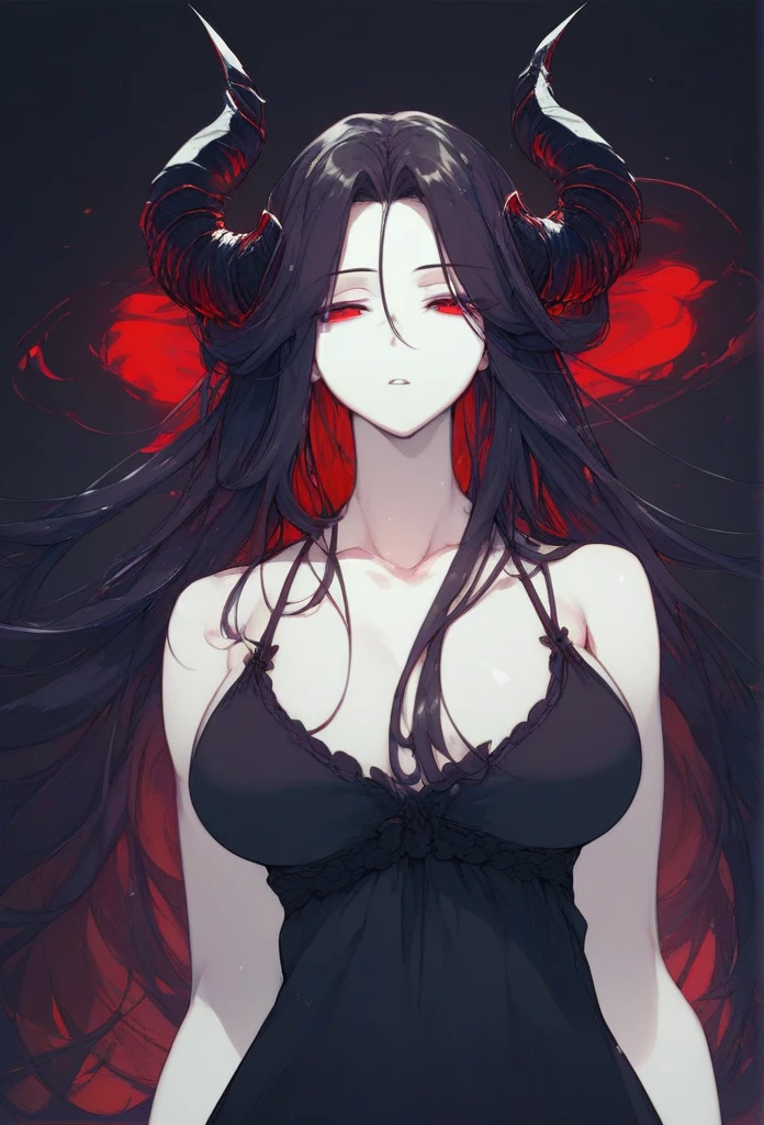 masterpiece, Score_9, Score_8_up, Score_7_up, rear view, 1 woman, alone, black hair with red , long hair, split bangs, dark red eyes, half-closed eyes, parted lips, expressionless, pale skin, large breasts, upper body, nightgown black with a V-neckline, black background, the best quality, horns up, long parted bangs.