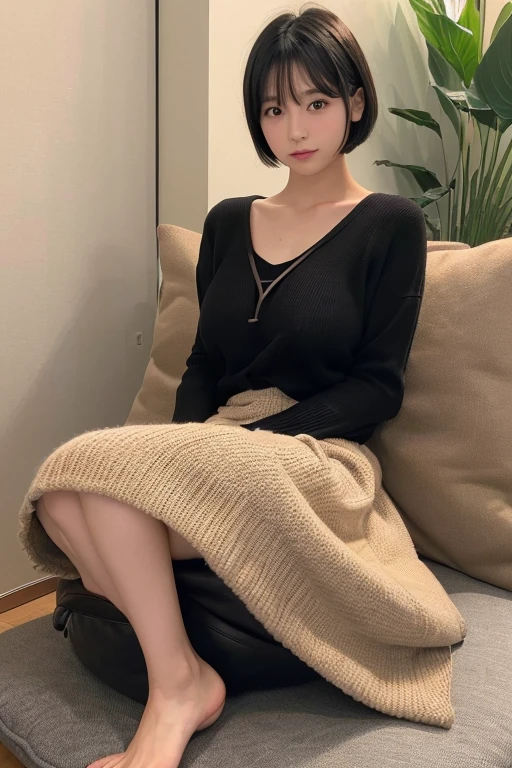 (High resolution:1.3), (16k, Photorealistic, Raw photo, Best image quality: 1.4), Japanese, (One Girl), Beautiful Face, (A vivid face), (Black-haired、short hair:1.3), Beautiful Hairstyles, Realistic eyes, Beautifully detailed eyes, (Realistic Skin), Beautiful skins, attractive, 超A high resolution, Surreal, High detail, Golden Ratio, Highly detailed cute girl,(20-year-old), (boob flash:1.5), Long sleeve knit、Long skirt, (Sit on a cushion、slouch:1.5), Japanese Restaurants、table、Sliding doors、Private room