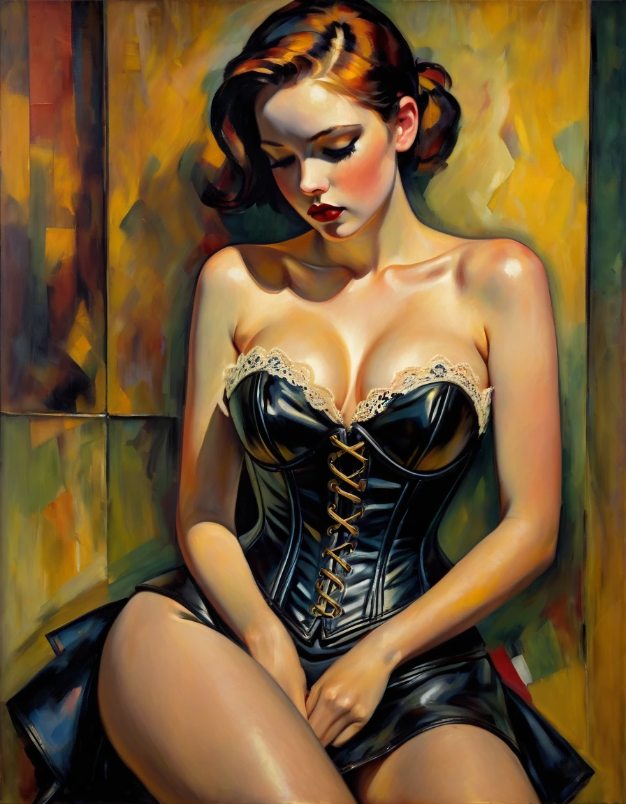 Create an evocative oil painting inspired by Malcolm Liepke, BDSM、(((black leather corset dress:1.4)))、(((The corset dress is decorated with beautiful lace.))), leopard print bikini, ((/microbikini/)), bare midriff, medium perfectly round breasts, cleavage, body, golden hour lighting, focus between legs,. Capture the intense, introspective expression of the young subject using thick, expressive brushstrokes and a muted color palette. Highlight the emotional depth and vulnerability in the subject's gaze, emphasizing the play of light and shadow on their face. Maintain a simple, textured background that complements the subject's contemplative presence. Focus on the tactile quality of the oil paint to convey the raw emotion and intimacy characteristic of Liepke's style.