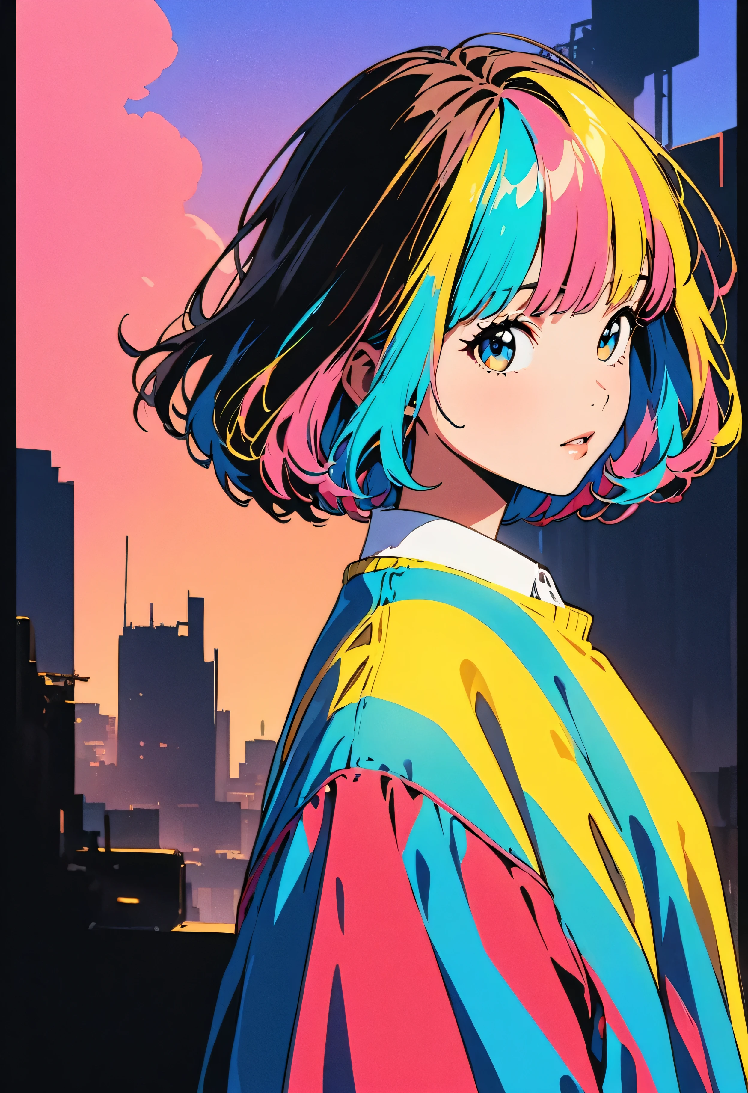 (highest quality:1.2, City Pop Style, Very detailed, Latest, Vibrant, High Contrast, masterpiece:1.2, highest quality, Best aesthetics), girl, ((Face Up Shot:1.4)), Colorful Hair, Bobcut, pastel colour, 1980s style, ((Retro, Vintage, Solid color background))