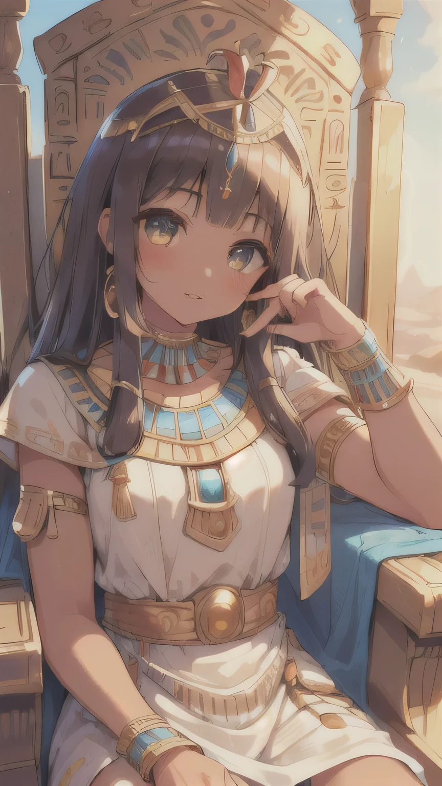 ((best quality)), ((masterpiece)), (detailed face and eyes), perfect face, accurate, textured skin, high details, highres, Cleopatra, queen of ancient Egypt, in silk dress, jewelled crown, lipstick, cowboy shot, Tanned skin, brown skin, throne