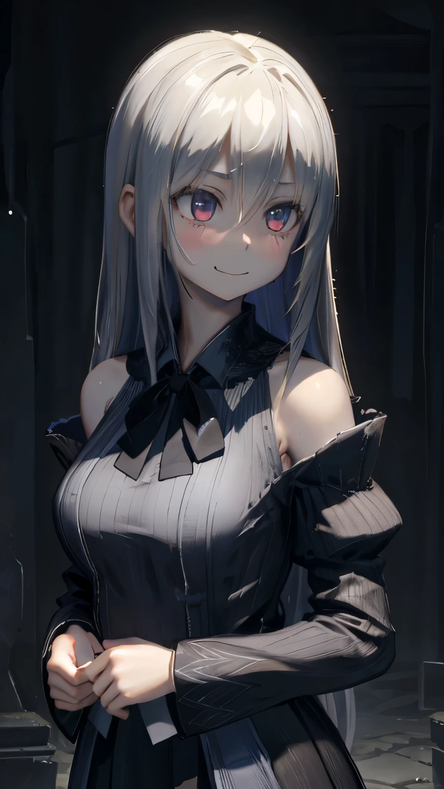 In a graveyard in the dark late at night、12age、Low Leg、Low rise、(((Realistic images)))、Crystal clear white skin、((The whole body of the girl is reflected))、shoulder-length platinum blonde hair、The skin is transparent、Make your expressions more realistic、Thin, soft and smooth hair、Highlighting wrinkles in clothes、highest quality、High resolution、Extremely detailed 8K、 (Ultra HD、Super detailed、Very detailed、Very realistic、Ultra-realistic、Photo Real)、One girl、One thumb、Refers to four books、smile、Beautiful girl with slim body、Cute Japanese school uniforms、Too much exposed skin、in an angry pose、Wet with rain、