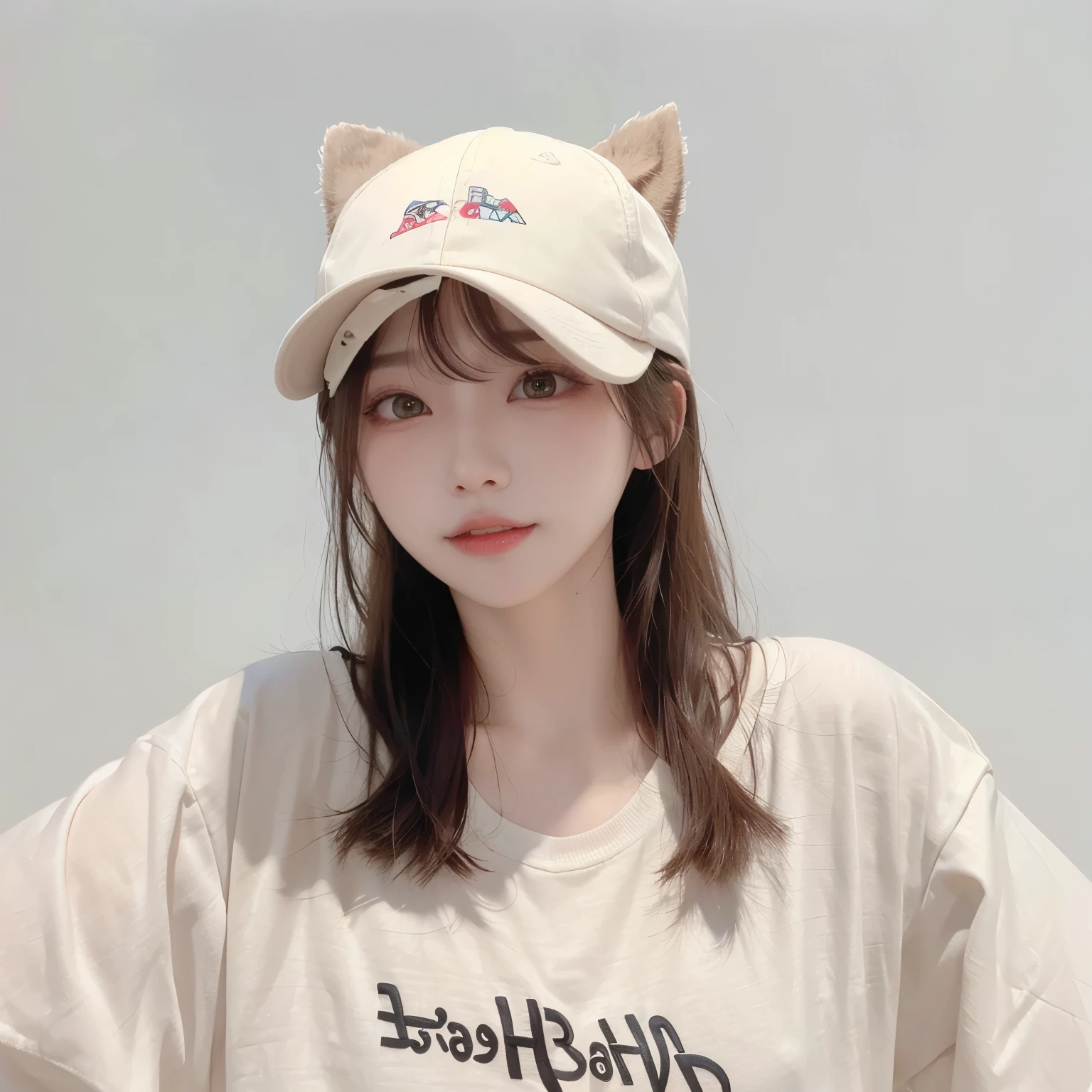 Best image quality、original photo、ultra high resolution、21 years old Korean、small breasts、dynamic angle、Cowboy shooting、The most beautiful form of chaos、elegant、Innovative design、bright colors、,light brown short hair、disheveled hair、light brown eyes 、black baseball cap(Facial expressionSmile)、short bob、Smile、Fair and shiny skin、beautiful eyes,random colors、The details are very beautiful、thin lips、Delicate and beautiful eyes、elongated eyes、Pale pink cheeks、long eyelashes、beautiful double eyelids、eye shadow、he、White Large T-shirt Sweatshirt、baggy pants、Shot from the side、sexy pose、enlarge