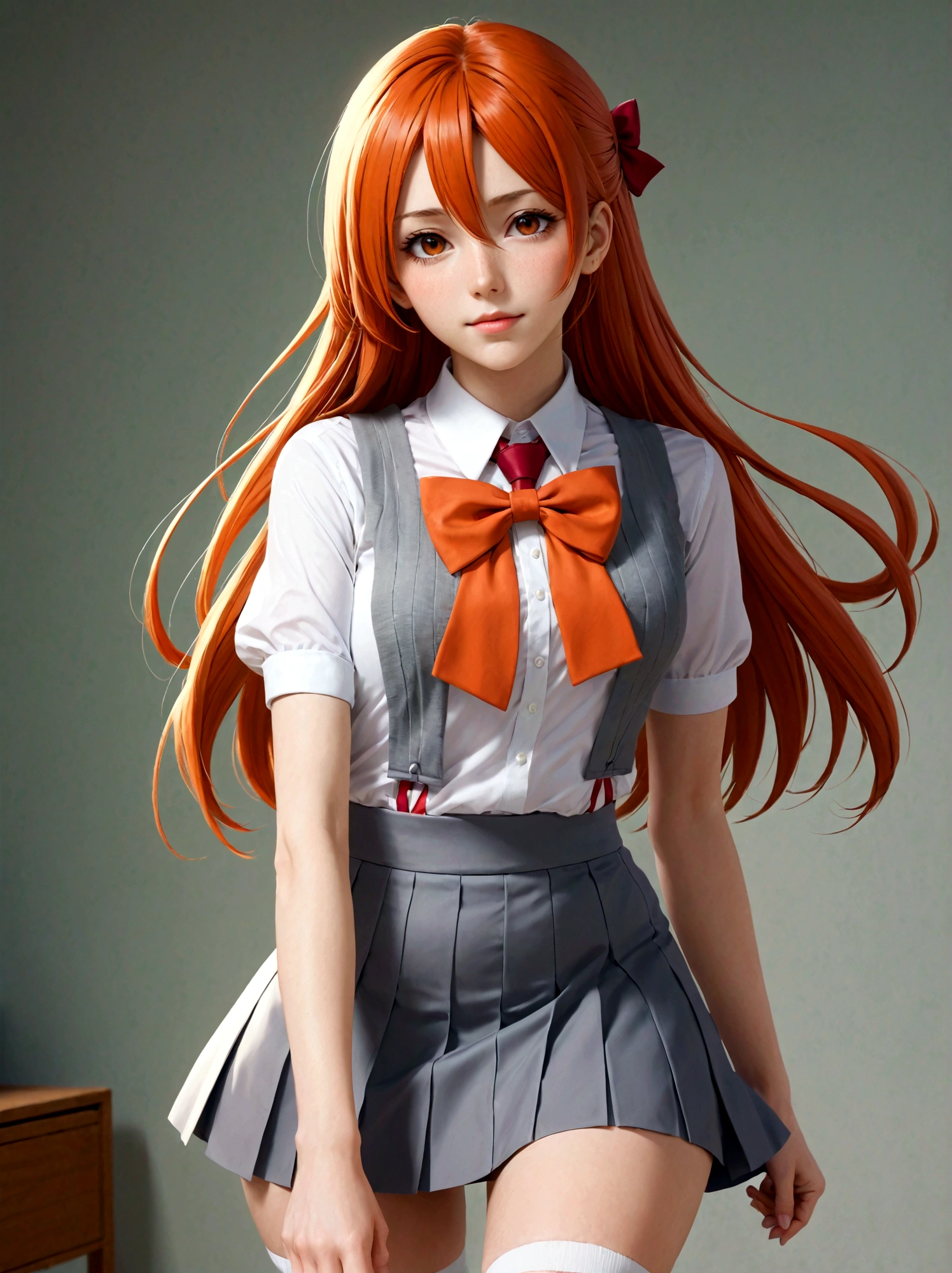 orihime,1girl,solo,long hair,skirt,large breasts,shirt,bow,school uniform,white socks,hairclip,white shirt,short sleeves,pleated skirt,miniskirt,bowtie,grey eyes,orange hair,red bow,kneehighs,red bowtie,grey skirt,sweater vest,inoue orihime