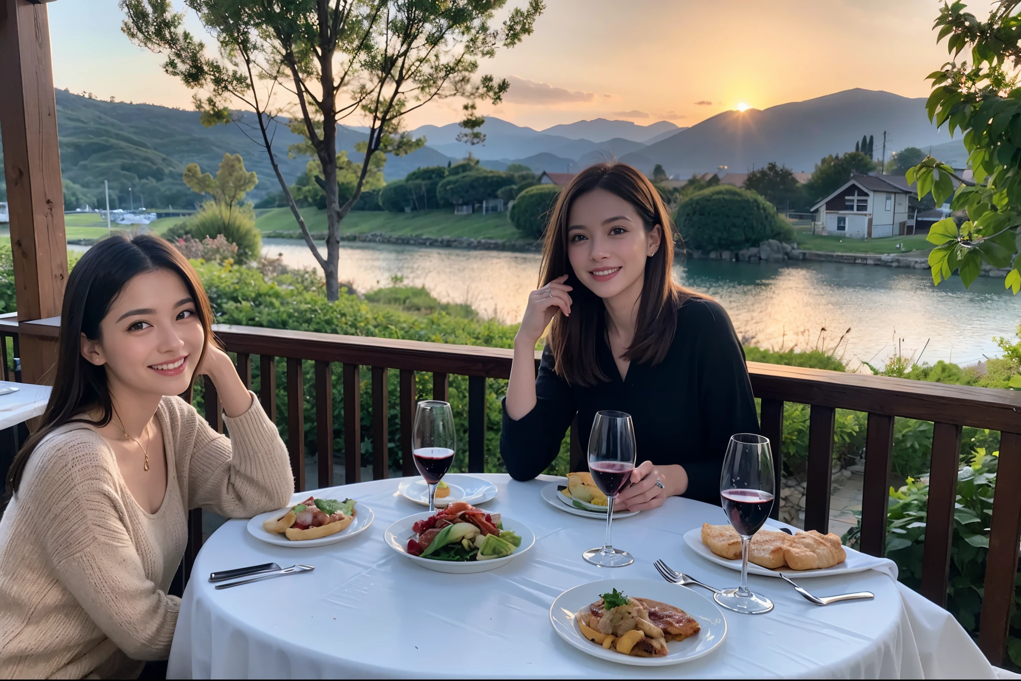 ((highest quality、8k、masterpiece:1.3))、1 male、1 female、Spouse、Beautiful couple、smile、 (Slim face), (the body is スリム), (Brown Hair), (Shortcuts), ((Bob Hale、Straight hair:1.2)), テーブルの上のwine glass、Please shine a light on my face、 Amazing view of the sunset sky and clouds、Amazing mountain views、The beauty of a smile、Bright image、Blushing, Shortcuts,Bright Face、 (42 years old), 39 years old, red wine 、Appetizers、Italian food、Wine bottle、Champagne、sparkling wine、Long sleeve shirt、dress、Attractive beauty、restaurant, Nova Frog Style, actress, model, Upper Body, White wine, red wine, wine glass, 